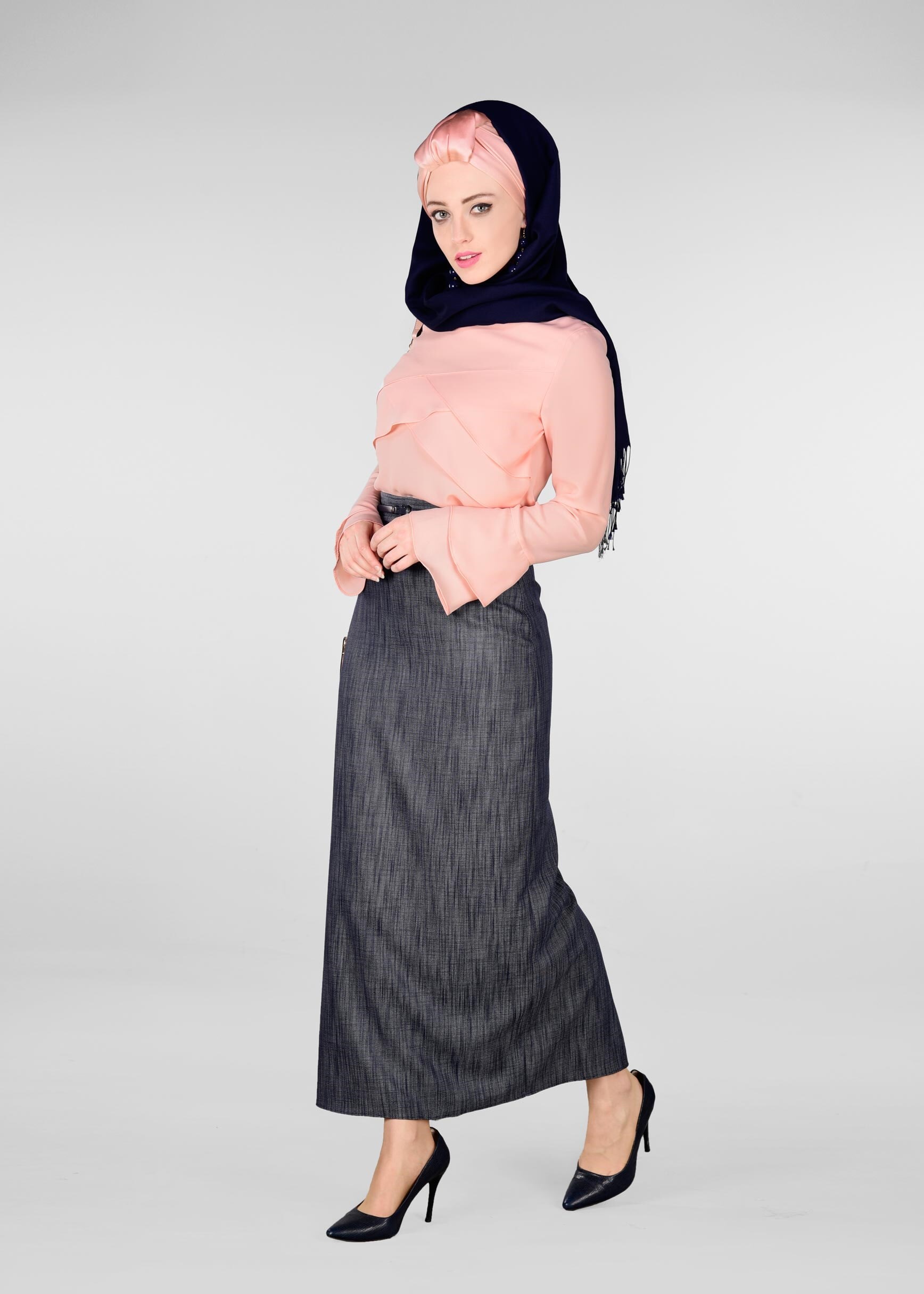 Tesettür giyim LACİVERT DESENLİ GİZLİ YIRTMAÇLI ETEK 6166