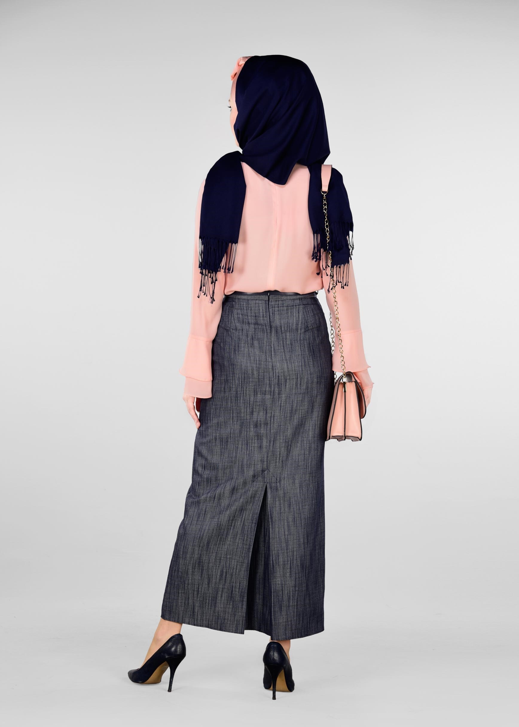 Tesettür giyim LACİVERT DESENLİ GİZLİ YIRTMAÇLI ETEK 6166