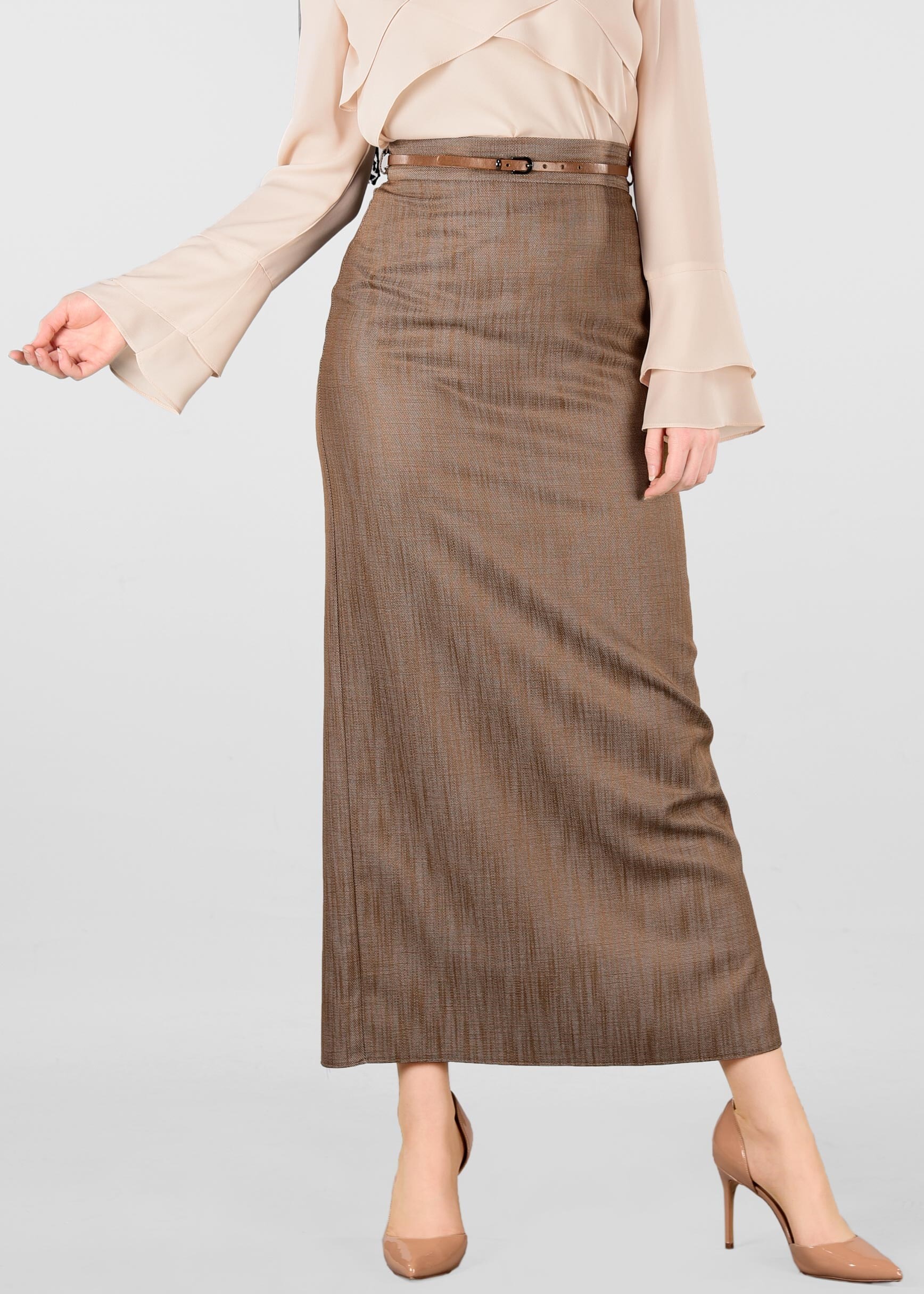 Tesettür giyim TABA DESENLİ GİZLİ YIRTMAÇLI ETEK 6166