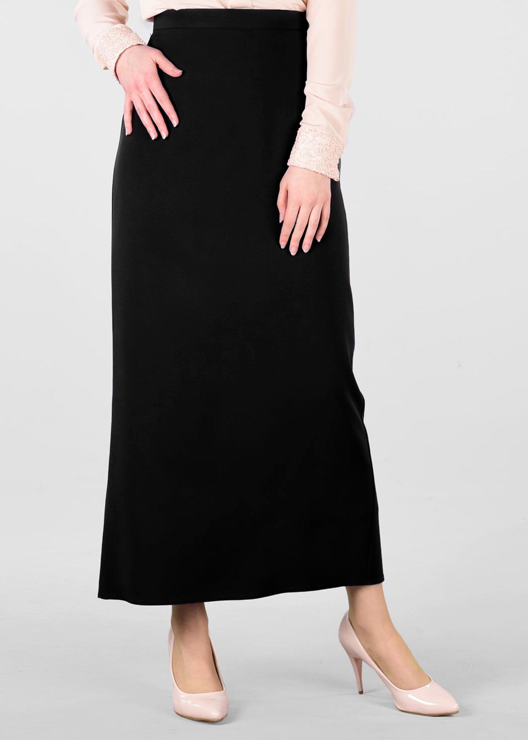 Tesettür giyim SİYAH GİZLİ YIRTMAÇLI KLASİK KESİM ETEK 6167