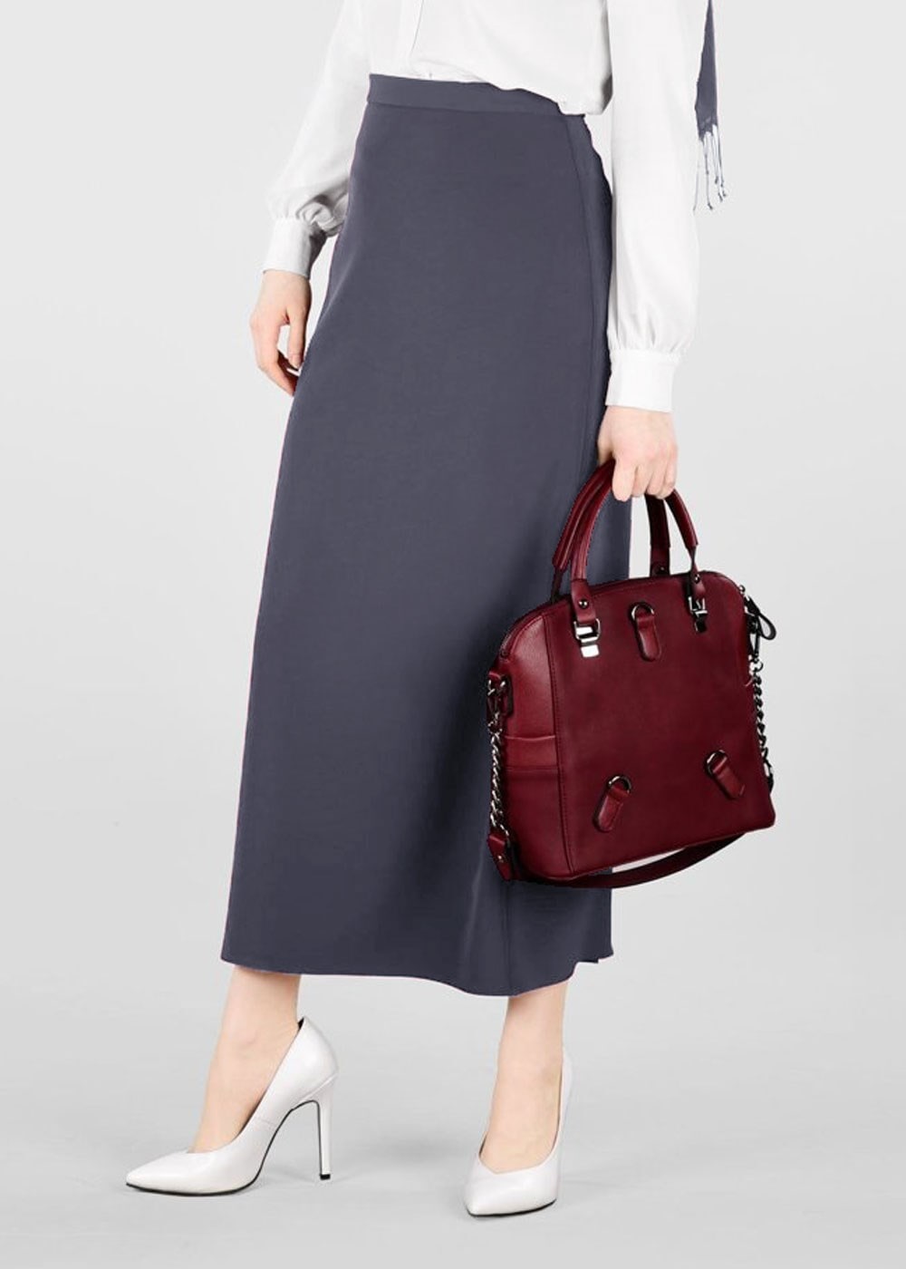 Tesettür giyim GRİ GİZLİ YIRTMAÇLI KLASİK KESİM ETEK 6167