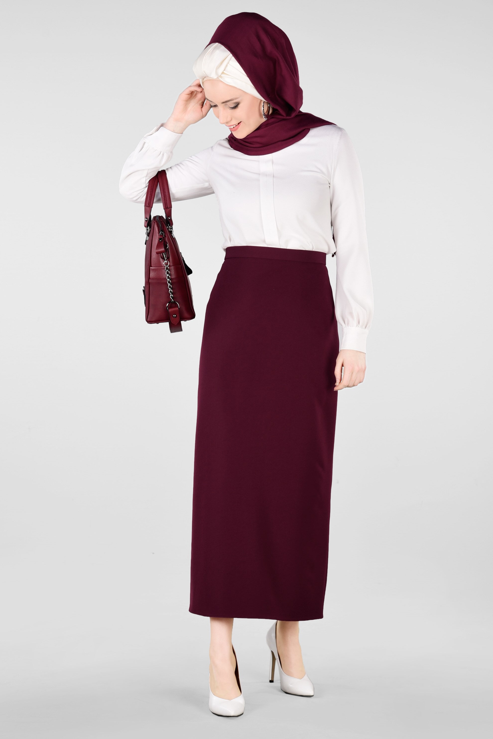 Tesettür giyim BORDO GİZLİ YIRTMAÇLI KLASİK KESİM ETEK 6167