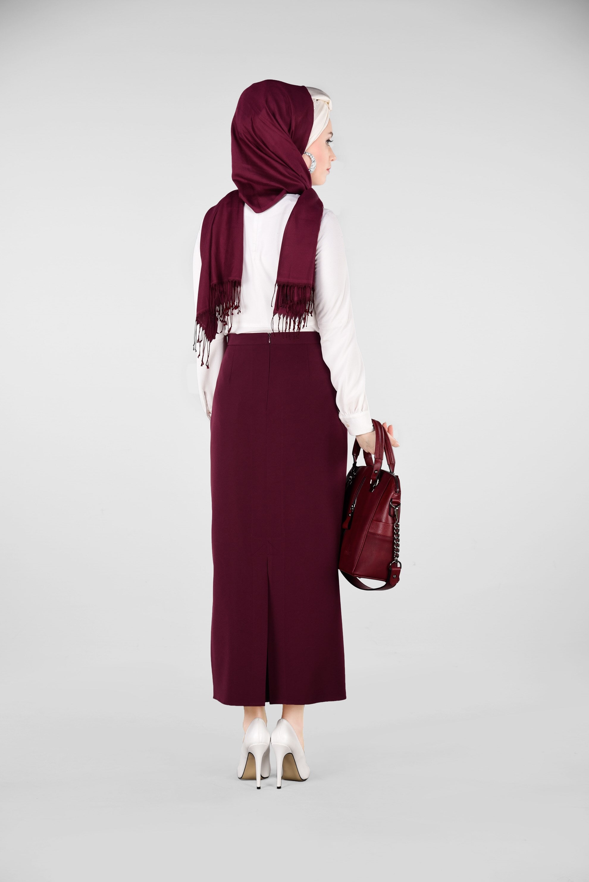 Tesettür giyim BORDO GİZLİ YIRTMAÇLI KLASİK KESİM ETEK 6167