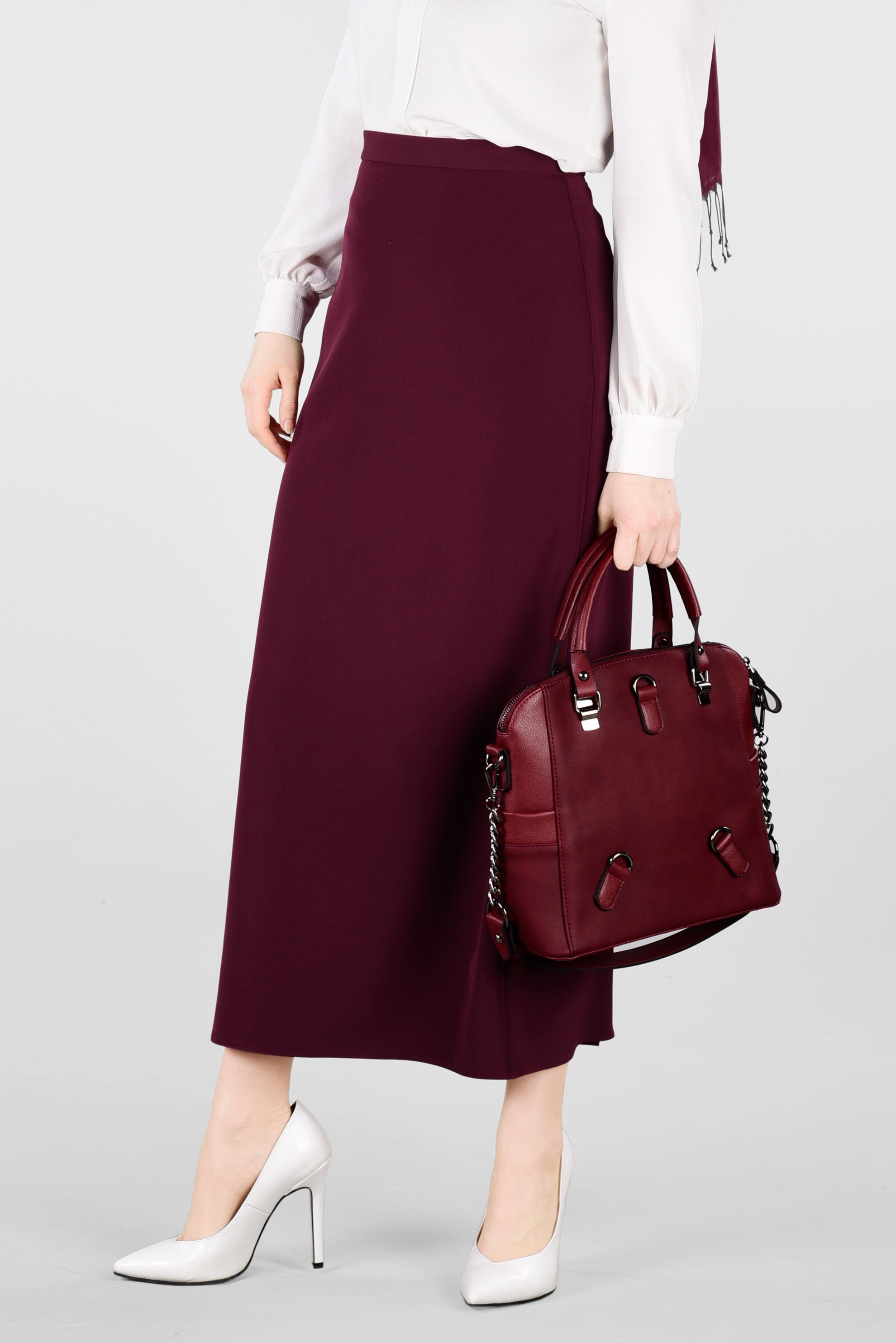 Tesettür giyim BORDO GİZLİ YIRTMAÇLI KLASİK KESİM ETEK 6167