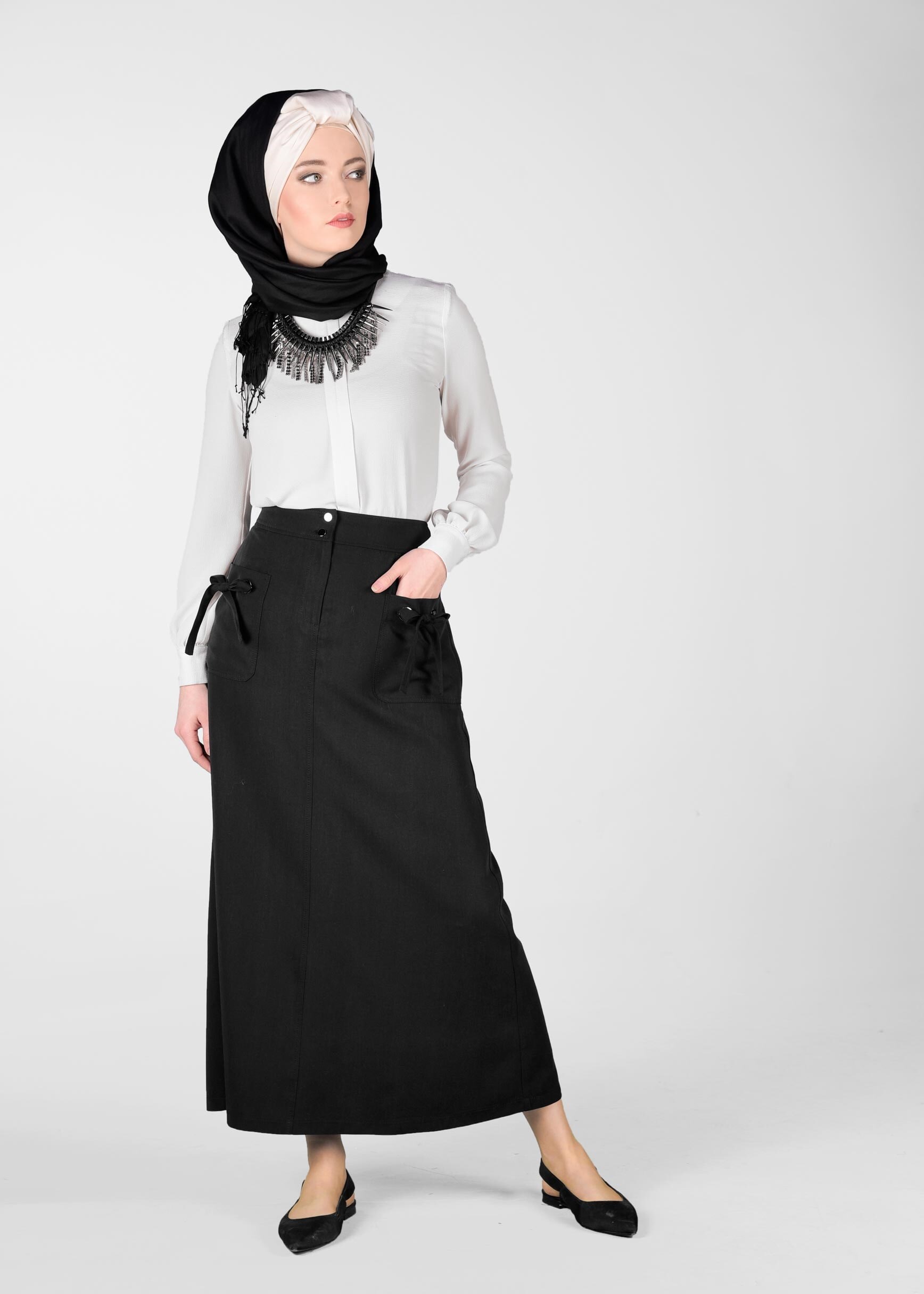 Tesettür giyim SİYAH CEP DETAYLI ETEK 6169