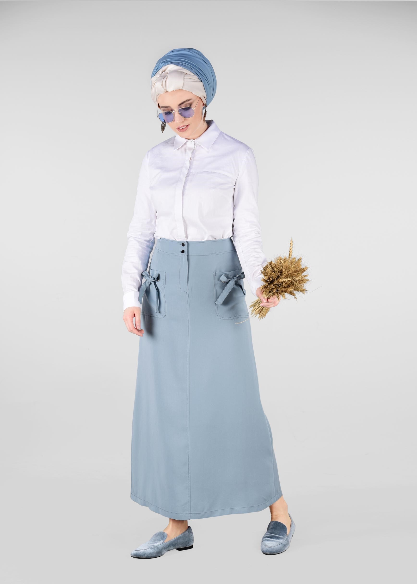 Tesettür giyim MAVİ CEP DETAYLI ETEK 6169