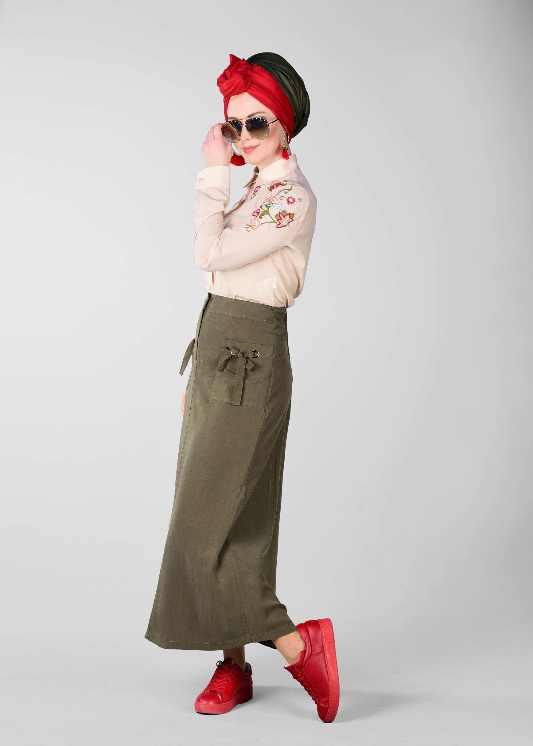 Tesettür giyim HAKİ CEP DETAYLI ETEK 6169