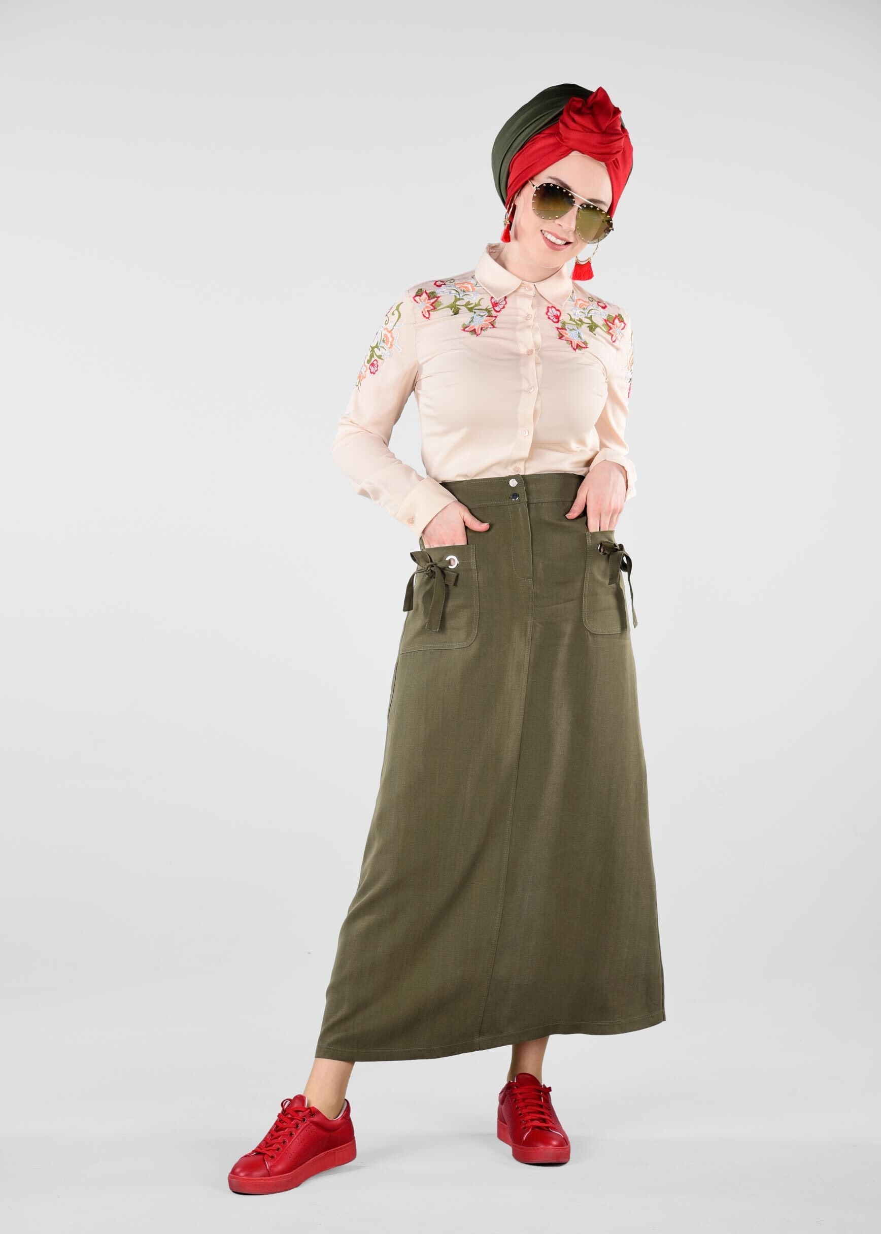 Tesettür giyim HAKİ CEP DETAYLI ETEK 6169