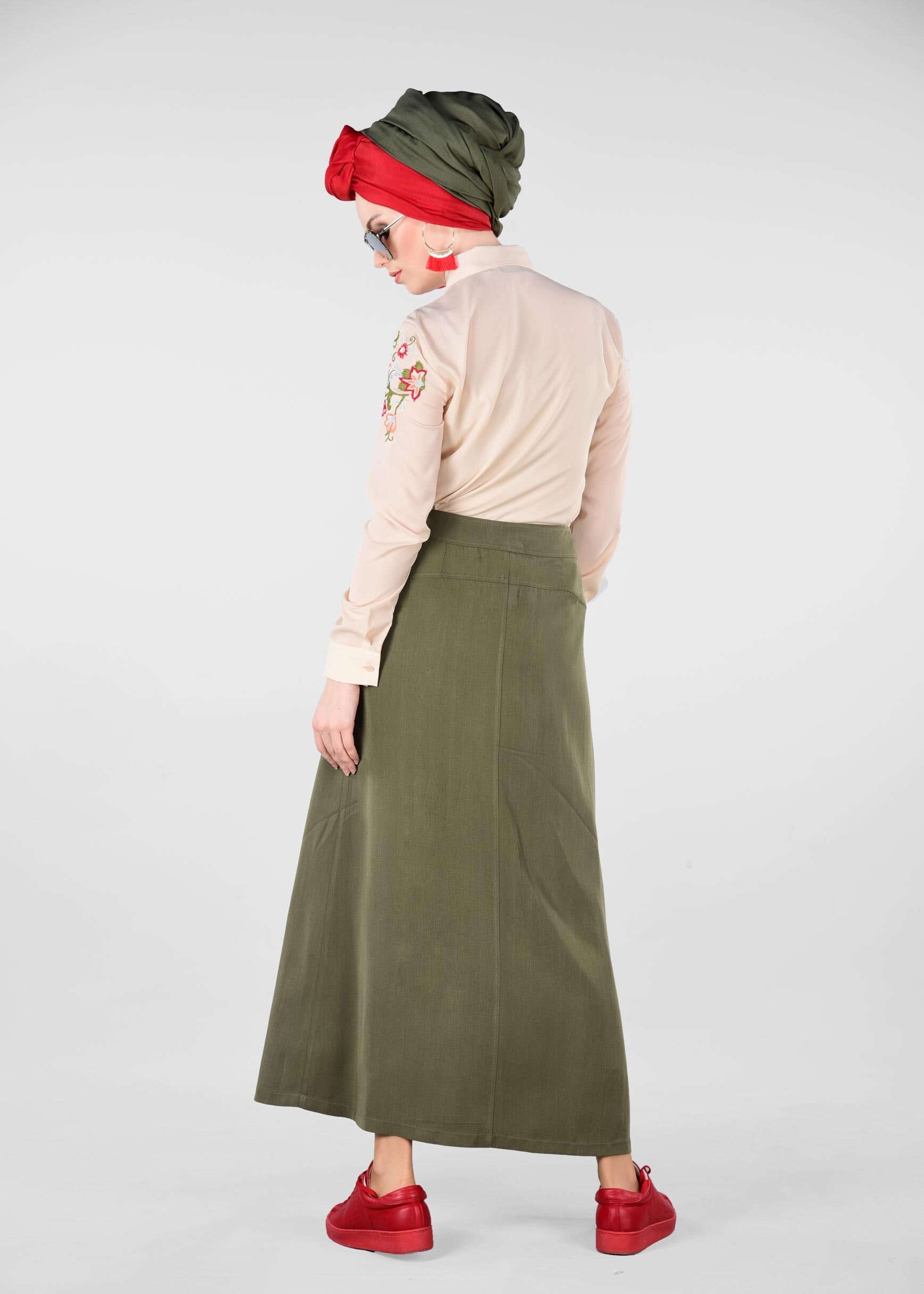 Tesettür giyim HAKİ CEP DETAYLI ETEK 6169