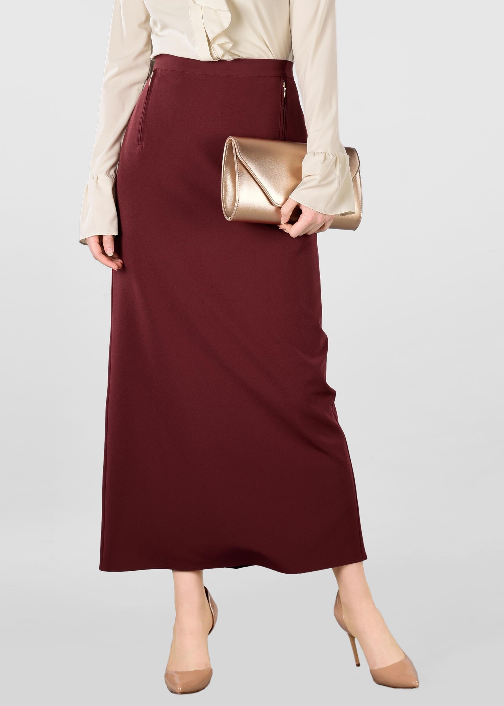 Tesettür giyim BORDO GİZLİ YIRTMAÇLI ETEK 6172