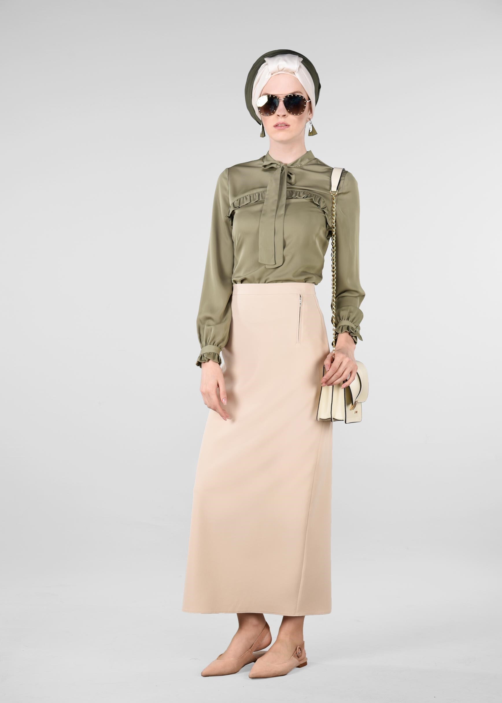 Tesettür giyim BEJ GİZLİ YIRTMAÇLI ETEK 6172