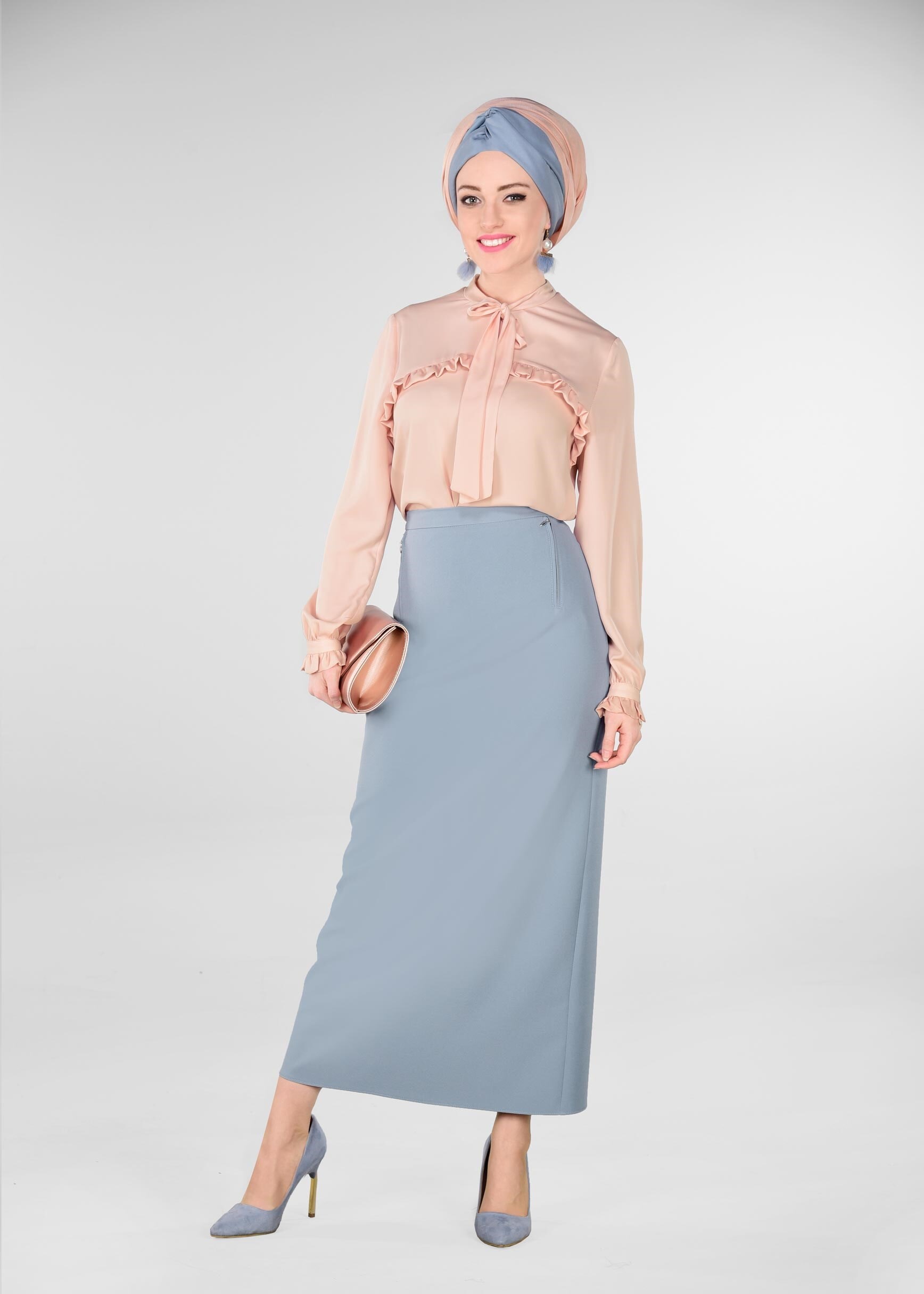 Tesettür giyim MAVİ GİZLİ YIRTMAÇLI ETEK 6172