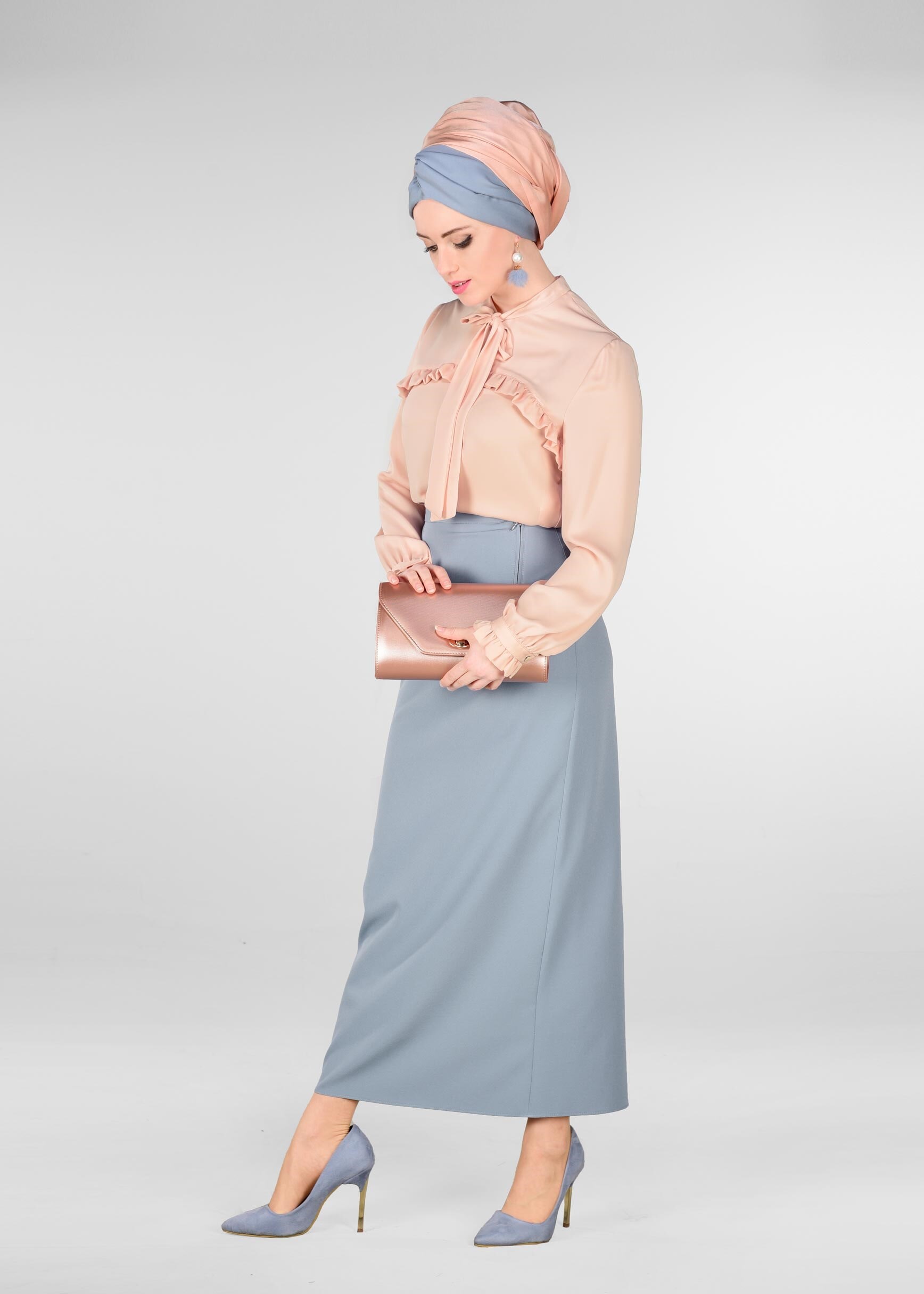 Tesettür giyim MAVİ GİZLİ YIRTMAÇLI ETEK 6172