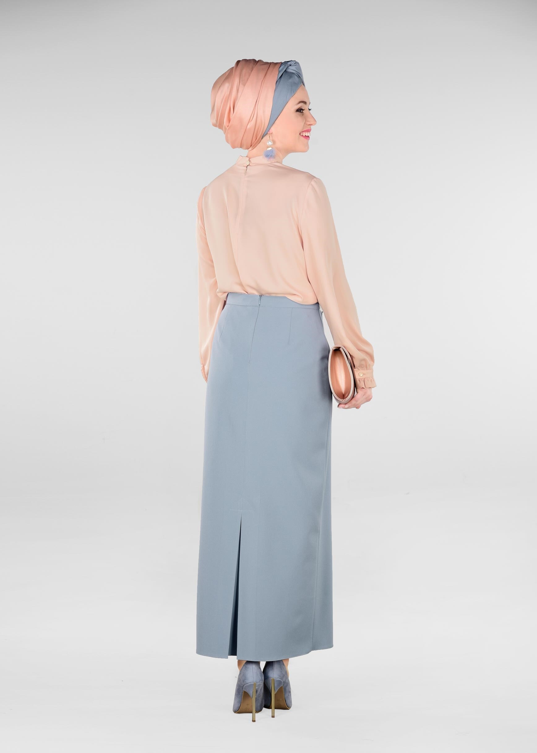 Tesettür giyim MAVİ GİZLİ YIRTMAÇLI ETEK 6172