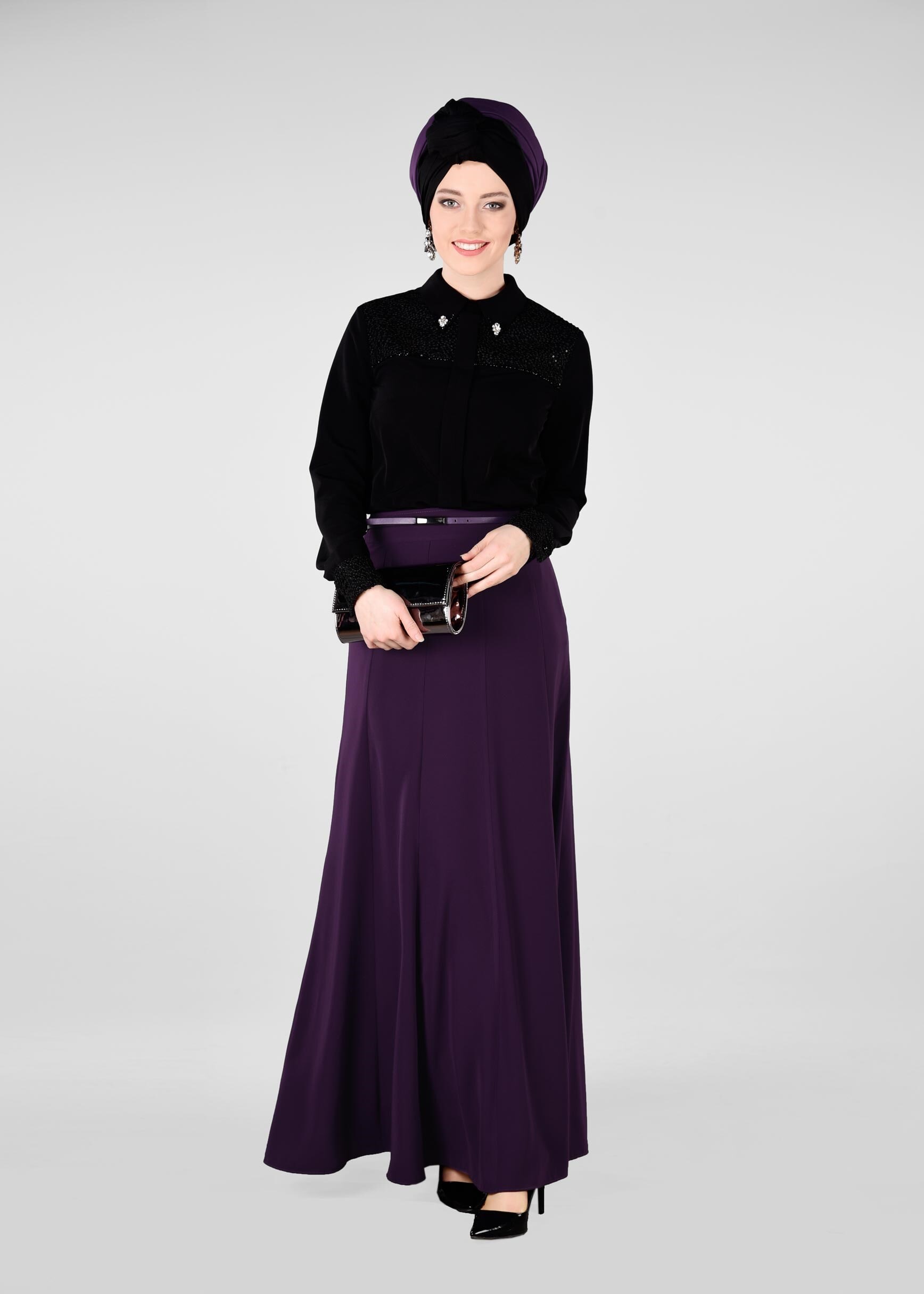 Tesettür giyim MOR KEMERLİ ETEK 6177