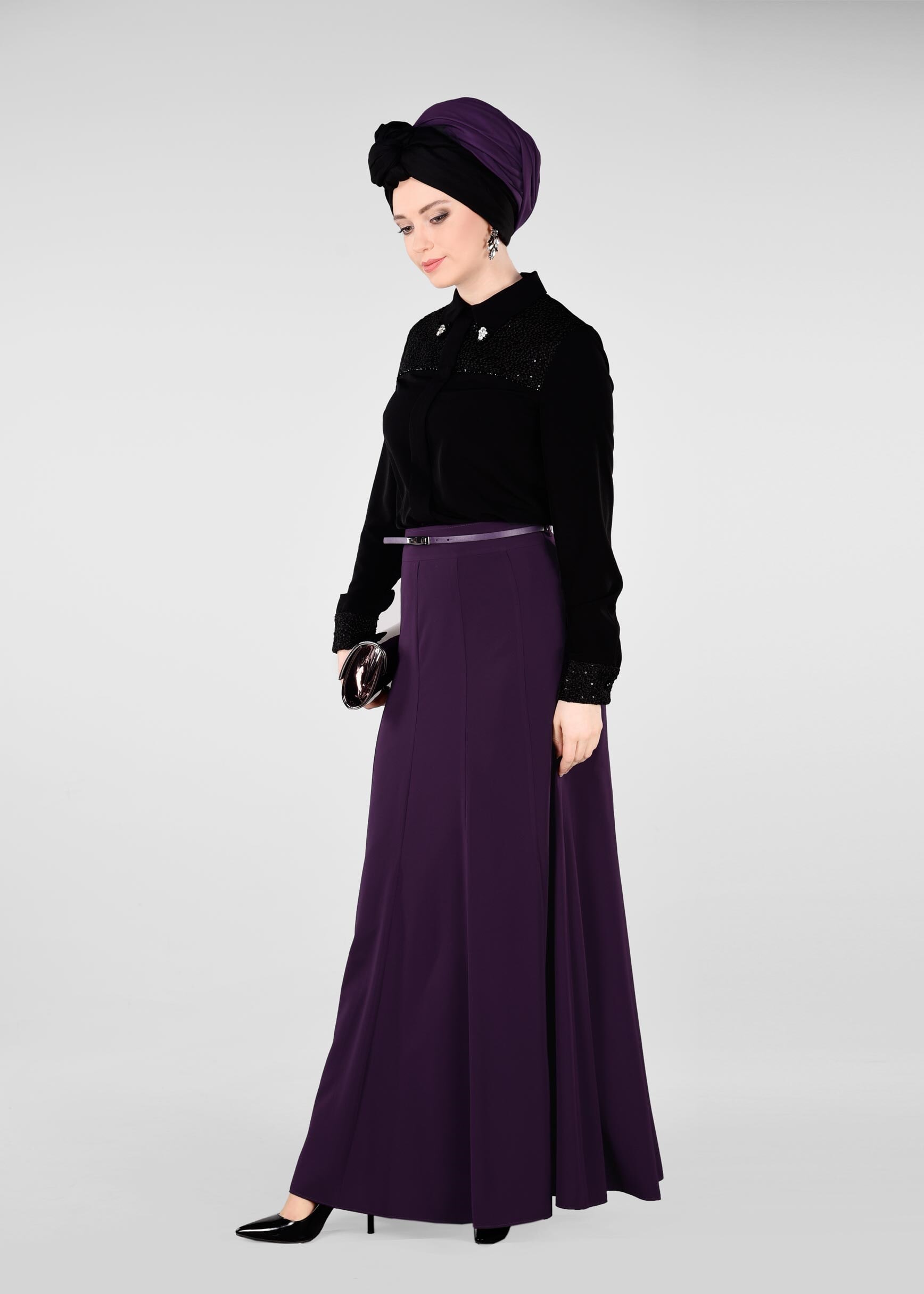 Tesettür giyim MOR KEMERLİ ETEK 6177