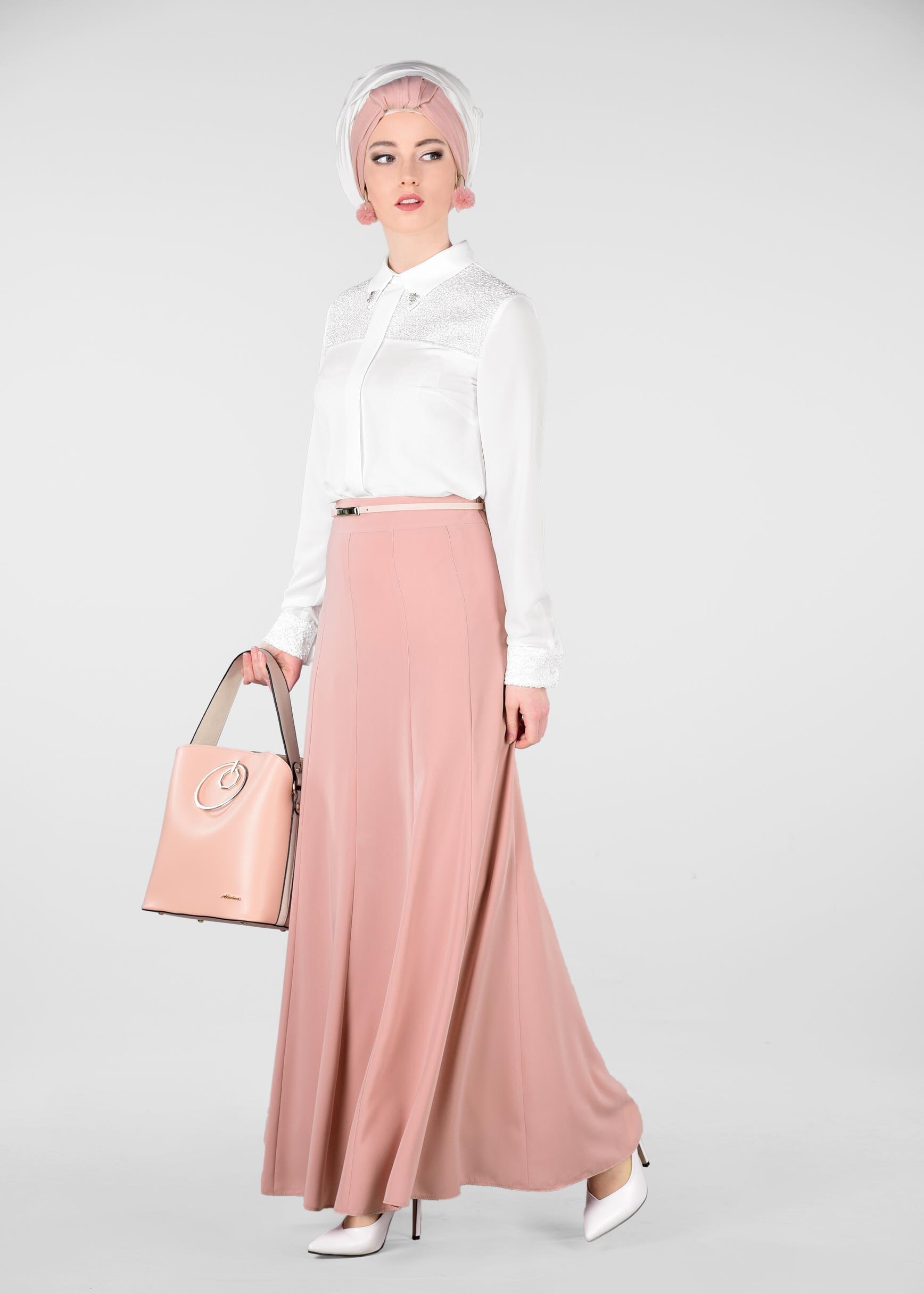 Tesettür giyim PUDRA KEMERLİ ETEK 6177