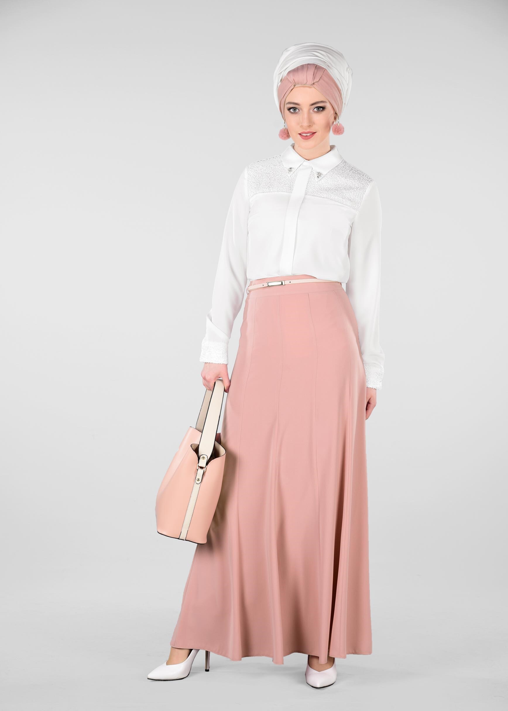 Tesettür giyim PUDRA KEMERLİ ETEK 6177