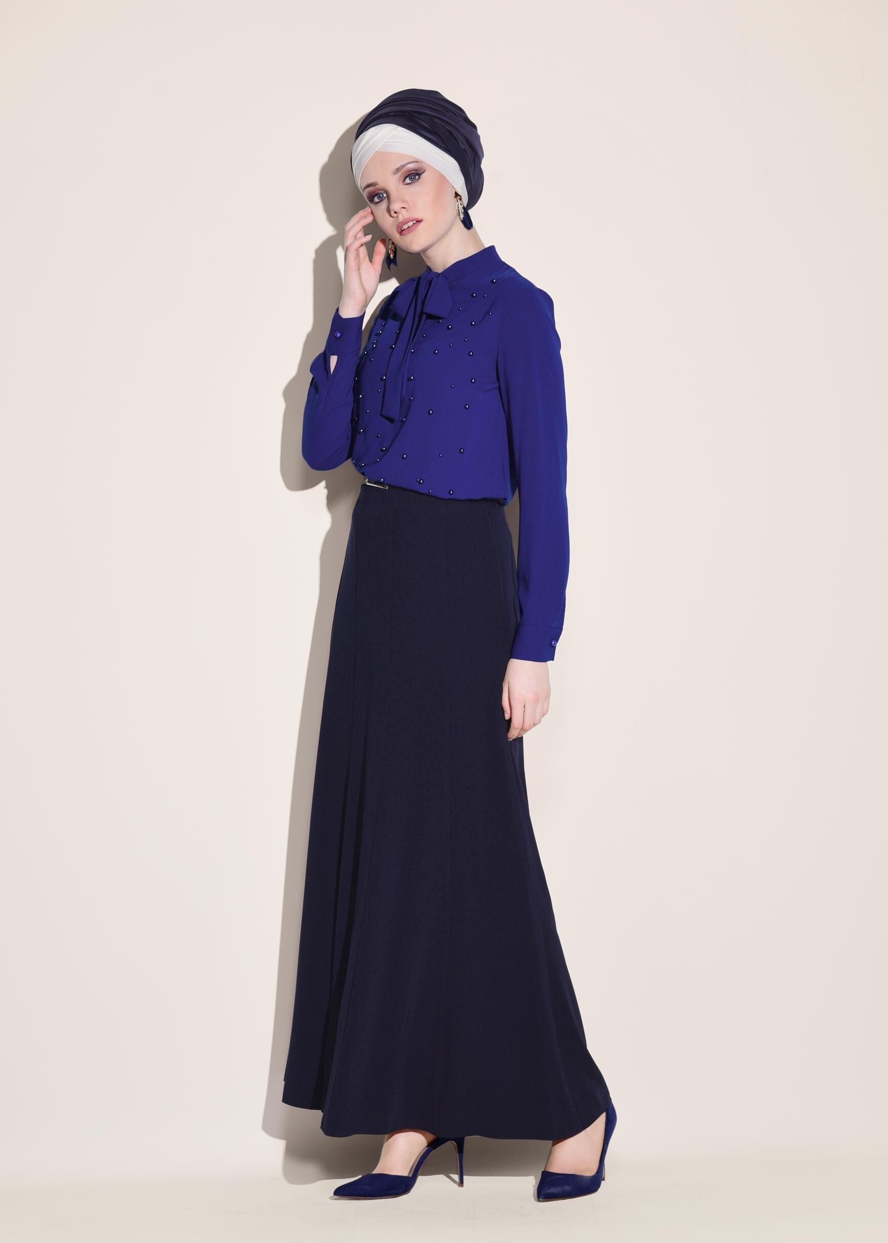 Tesettür giyim LACİVERT KEMERLİ ETEK 6177
