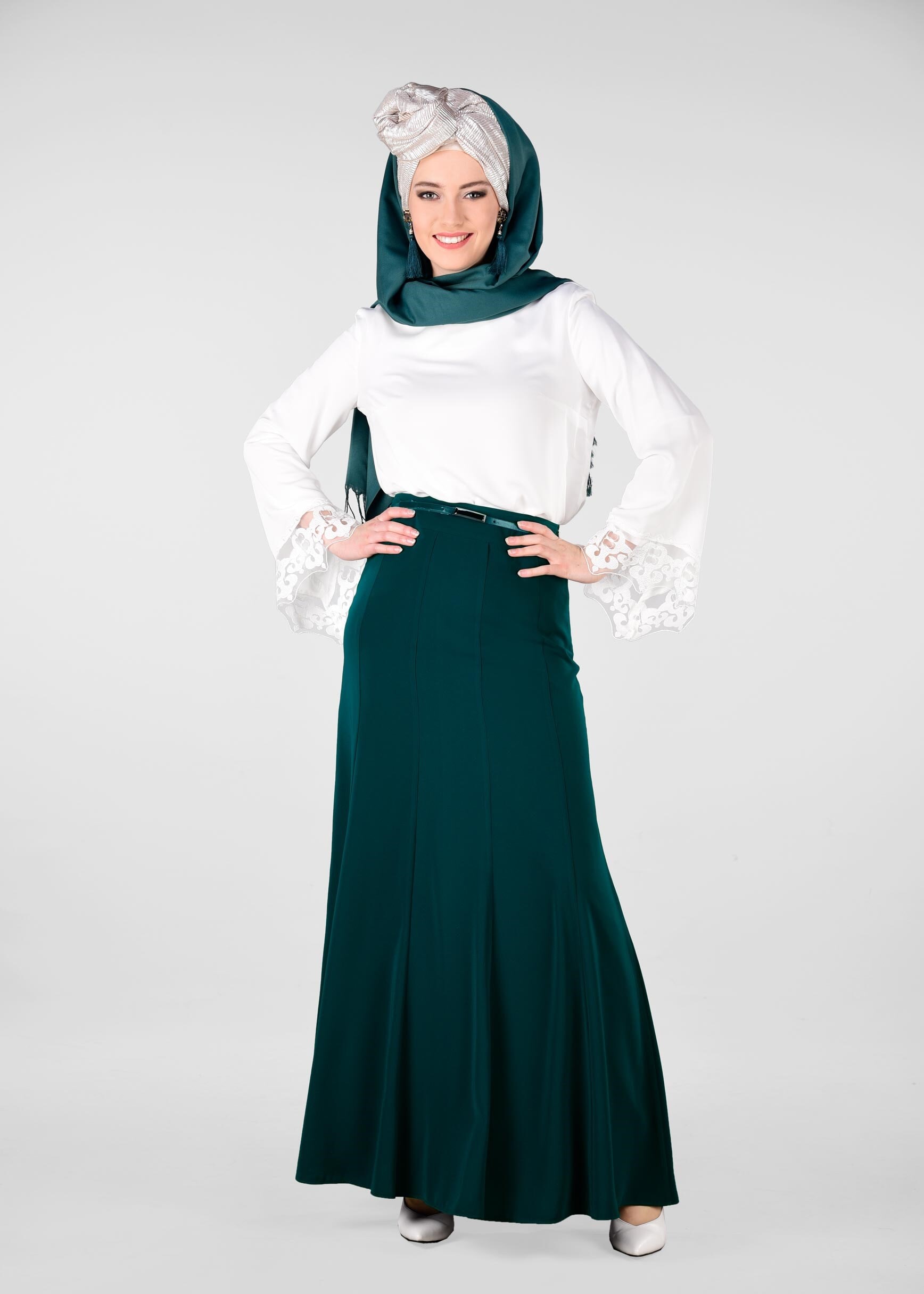 Tesettür giyim YEŞİL KEMERLİ ETEK 6177