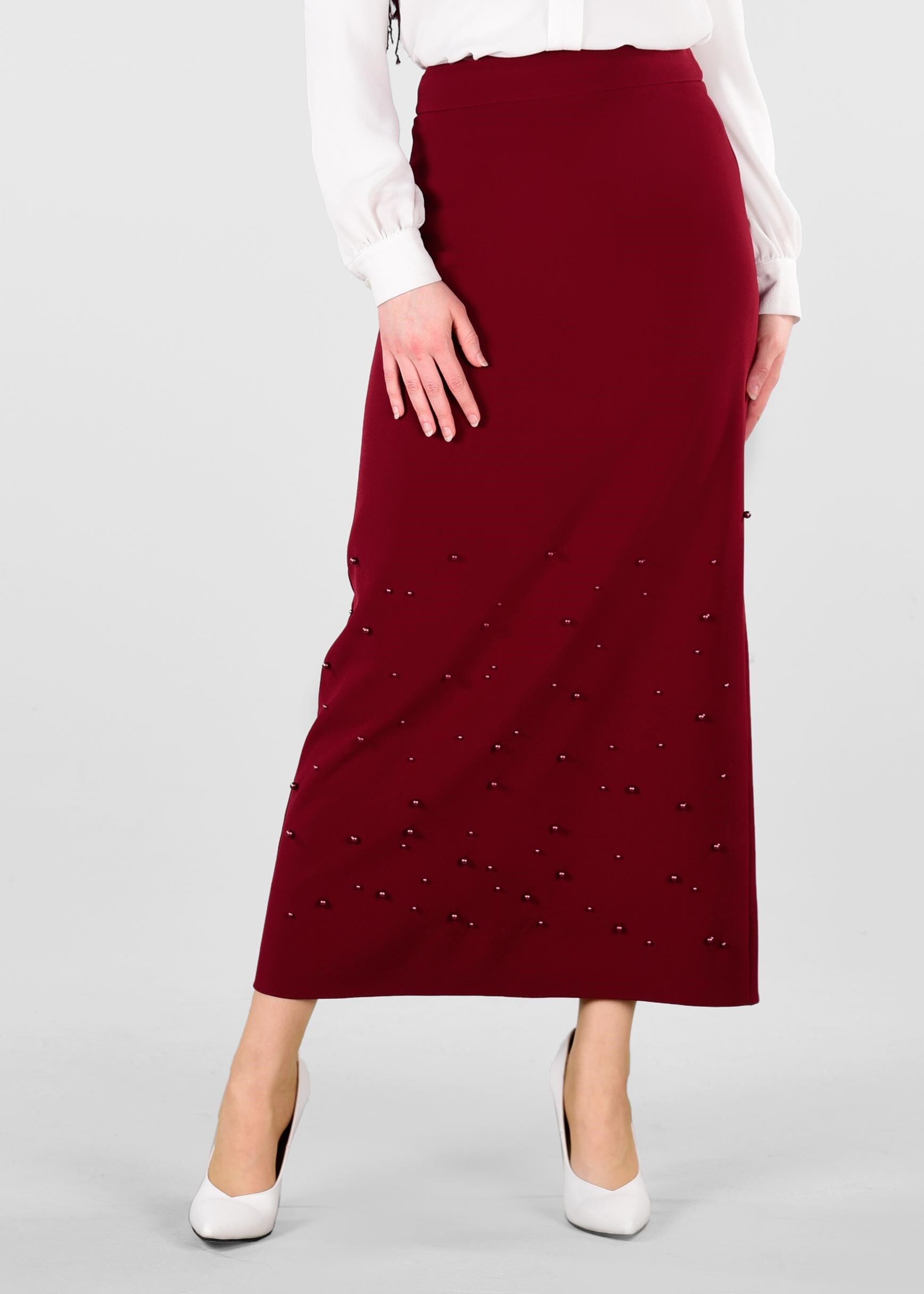 Tesettür giyim BORDO İNCİLİ GİZLİ YIRTMAÇLI ETEK 6178