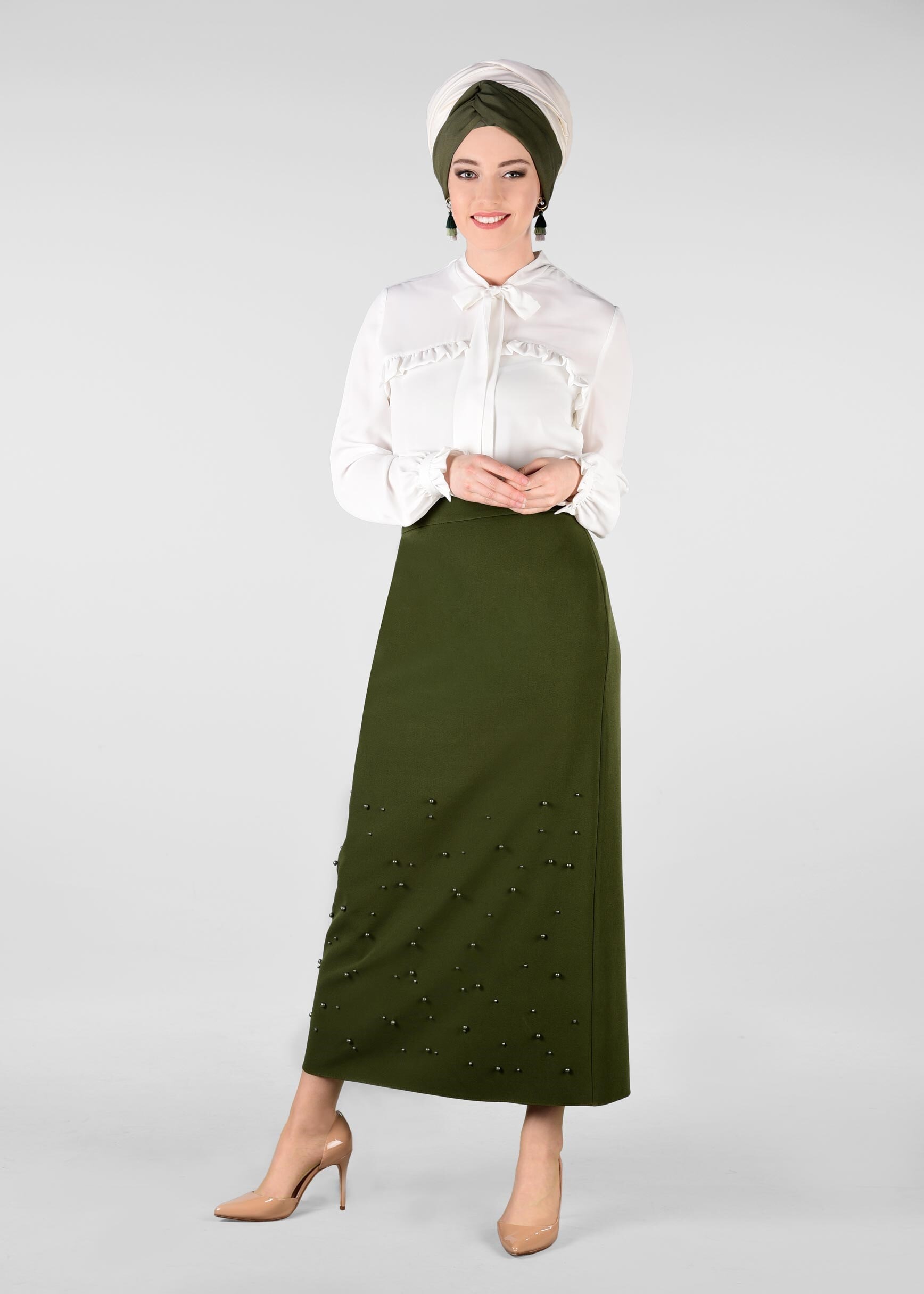 Tesettür giyim HAKİ İNCİLİ GİZLİ YIRTMAÇLI ETEK 6178