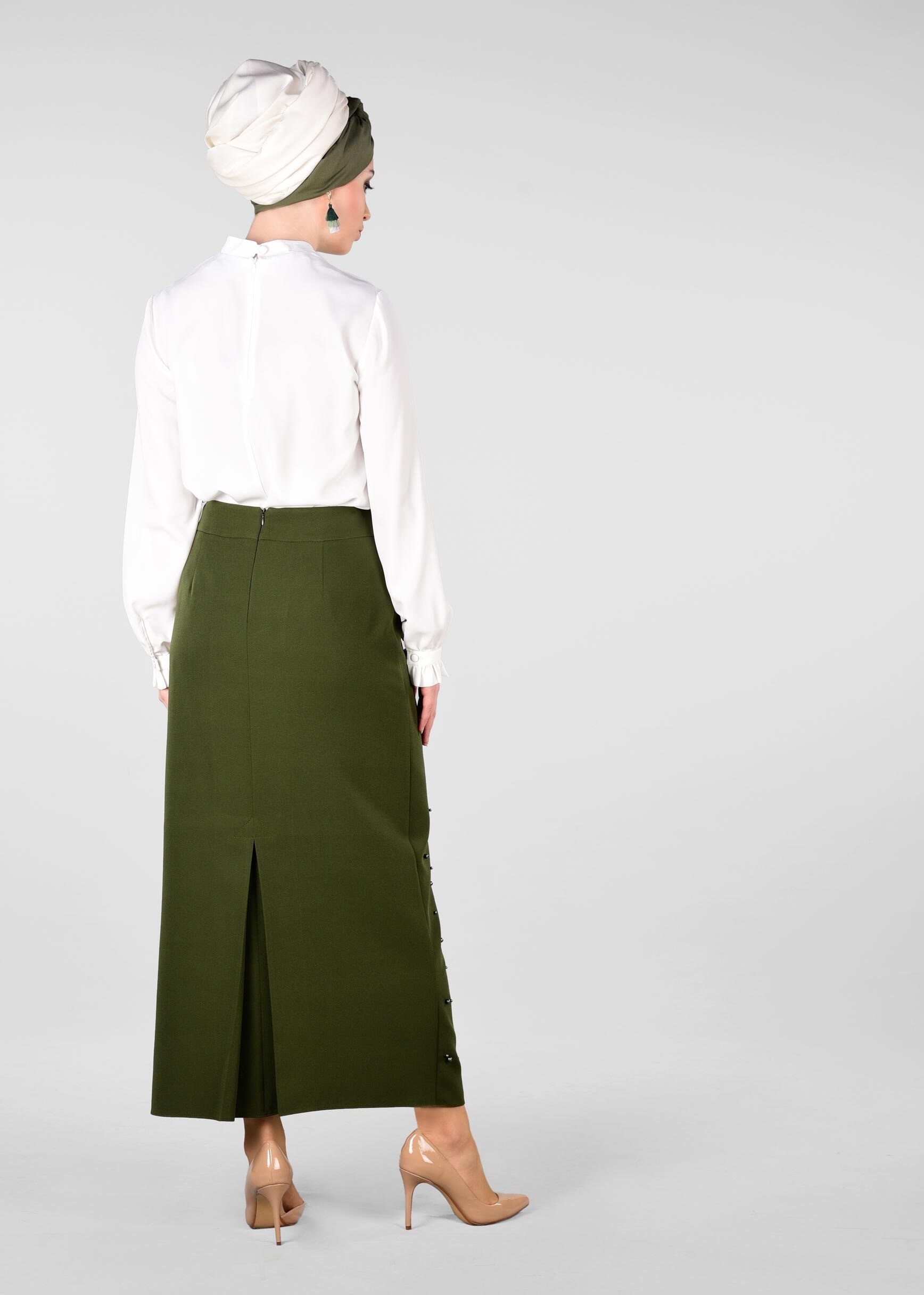 Tesettür giyim HAKİ İNCİLİ GİZLİ YIRTMAÇLI ETEK 6178