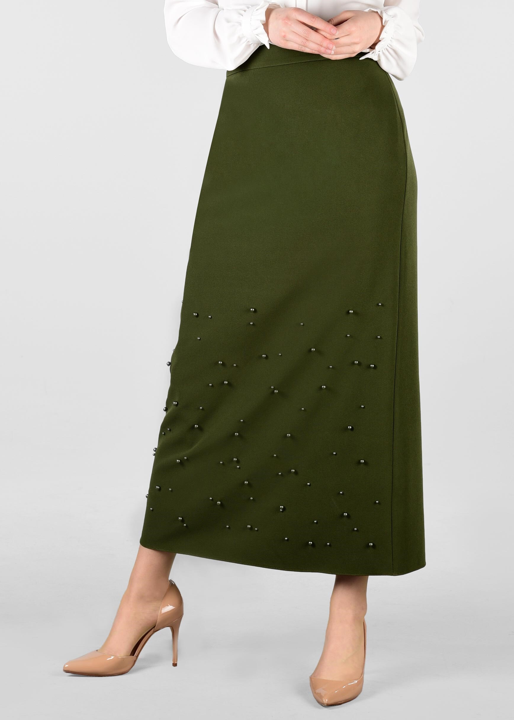 Tesettür giyim HAKİ İNCİLİ GİZLİ YIRTMAÇLI ETEK 6178