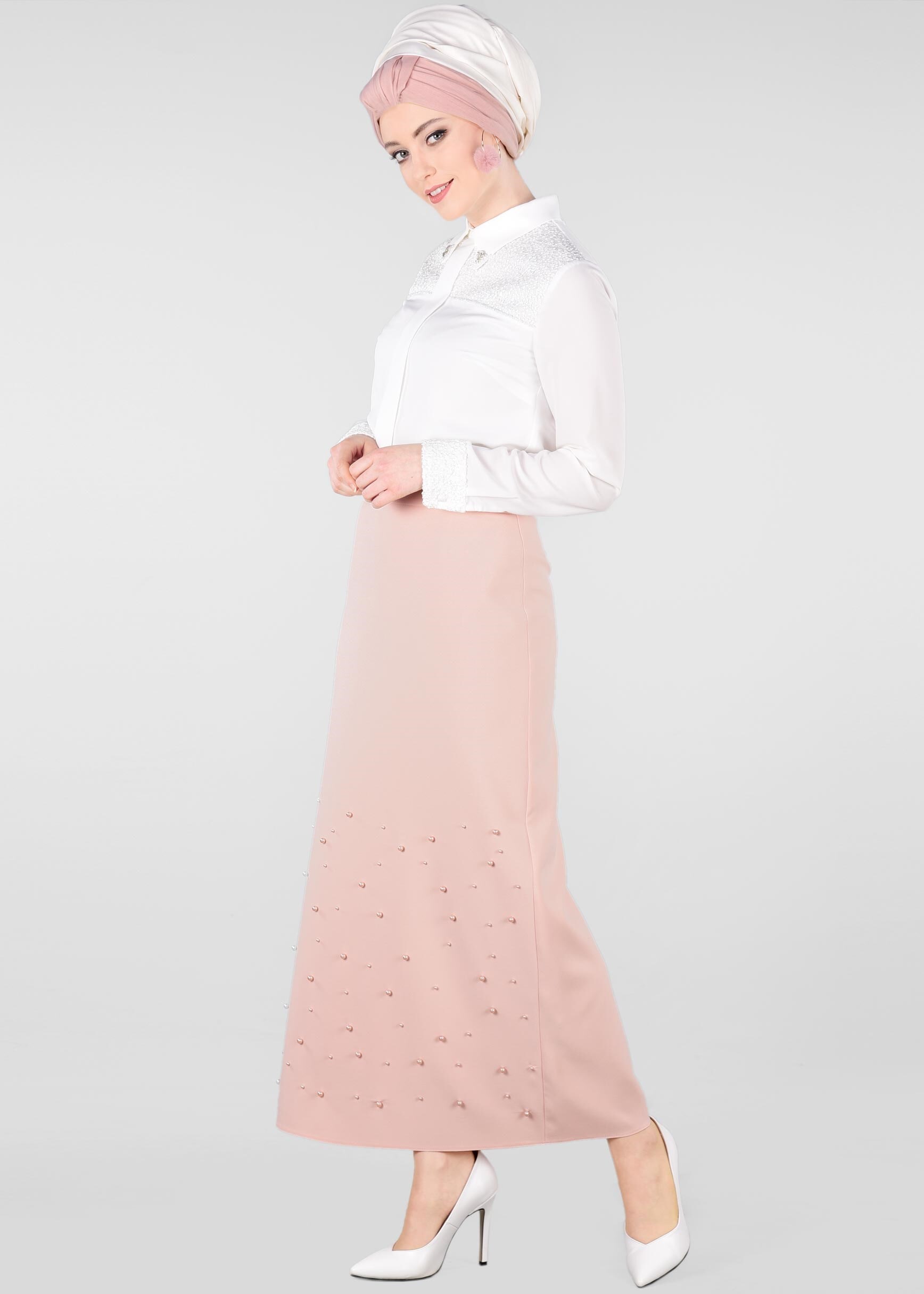 Tesettür giyim PUDRA İNCİLİ GİZLİ YIRTMAÇLI ETEK 6178