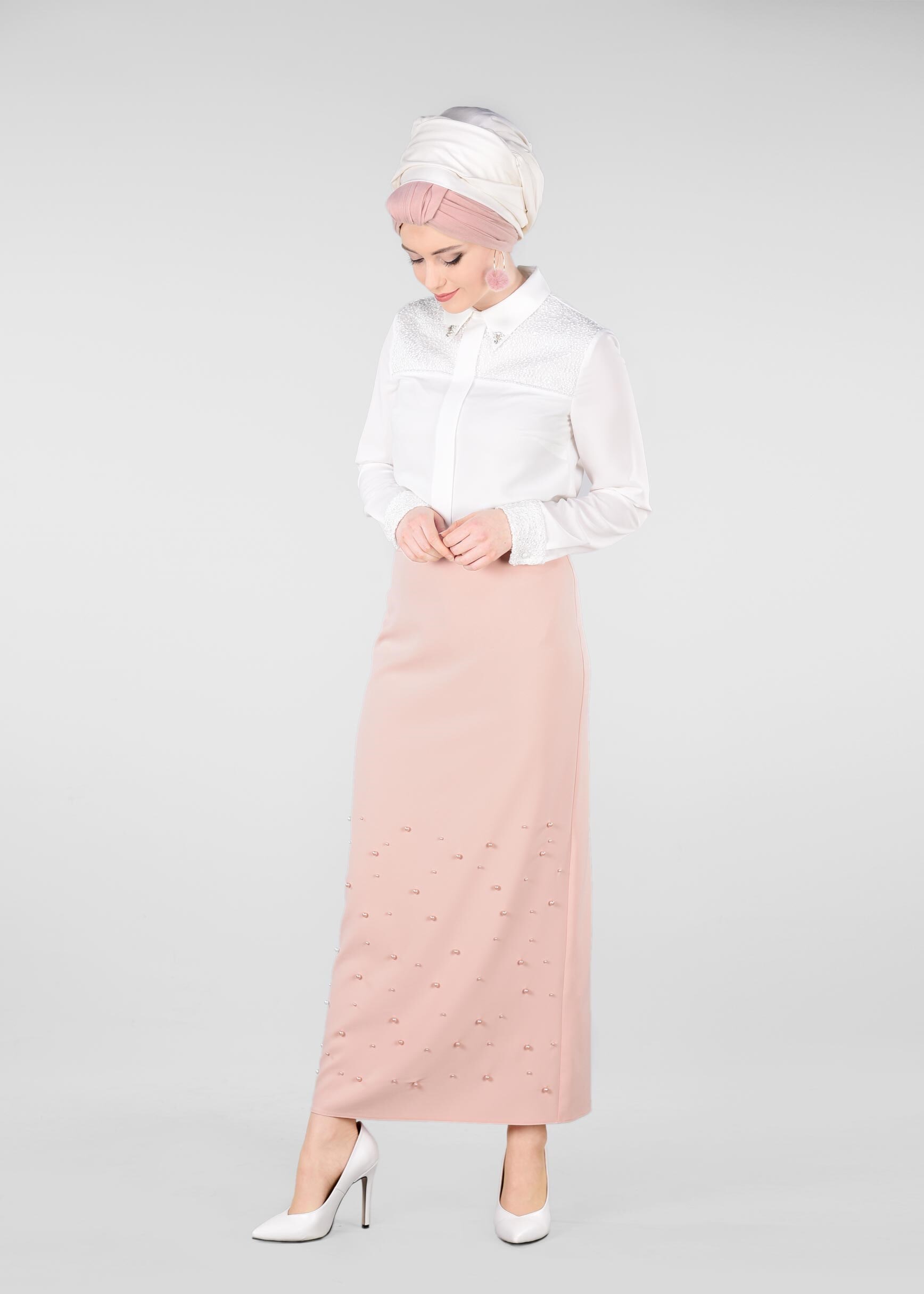 Tesettür giyim PUDRA İNCİLİ GİZLİ YIRTMAÇLI ETEK 6178