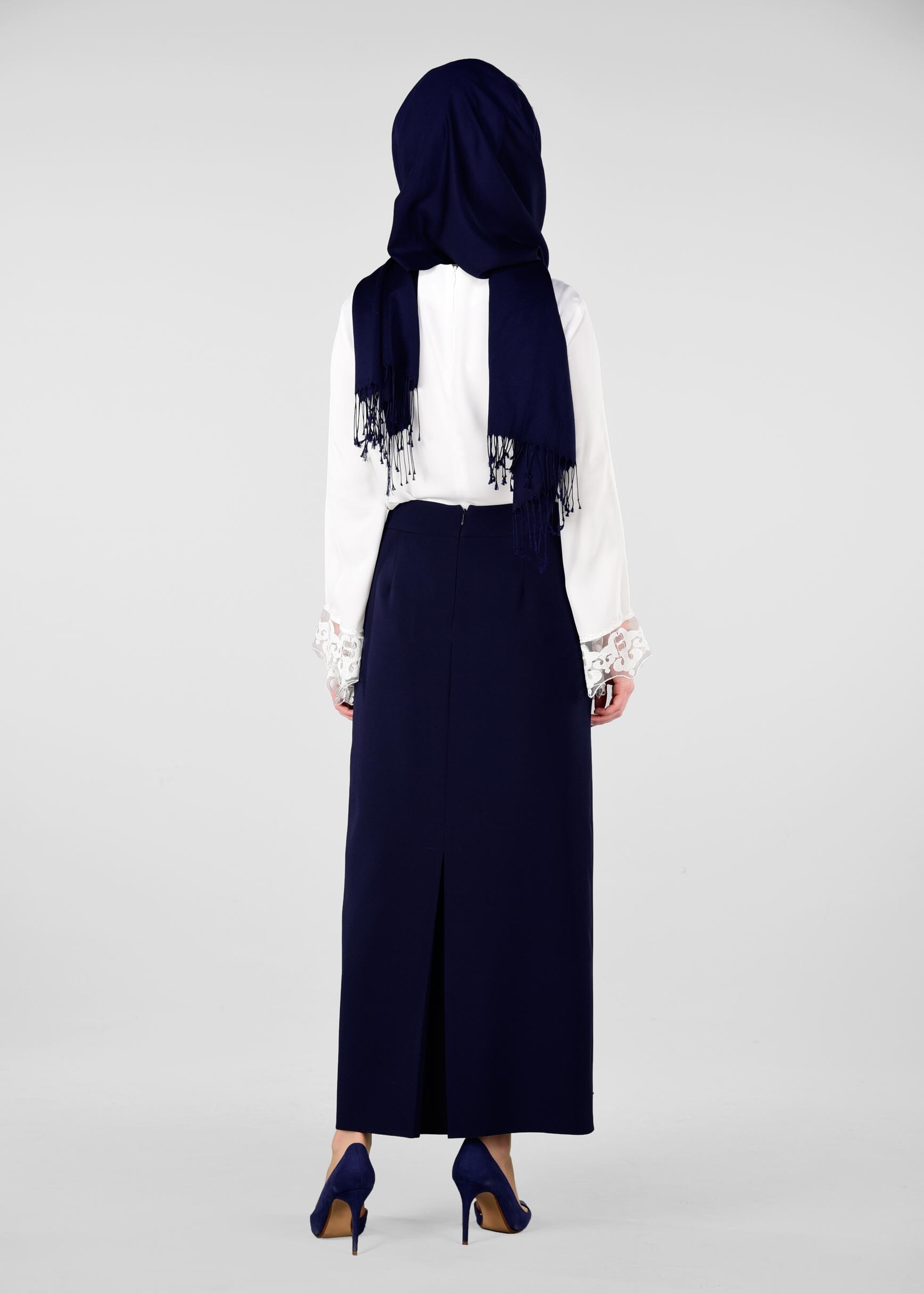 Tesettür giyim LACİVERT İNCİLİ GİZLİ YIRTMAÇLI ETEK 6178