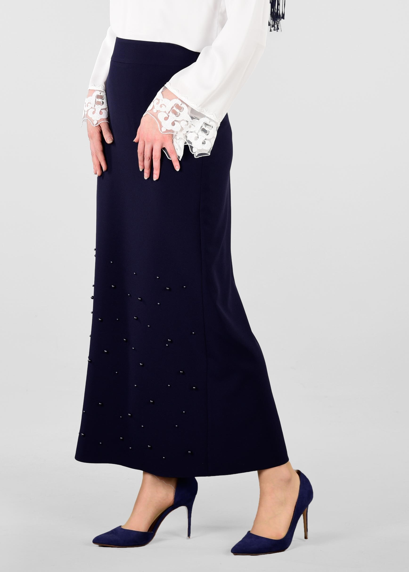 Tesettür giyim LACİVERT İNCİLİ GİZLİ YIRTMAÇLI ETEK 6178