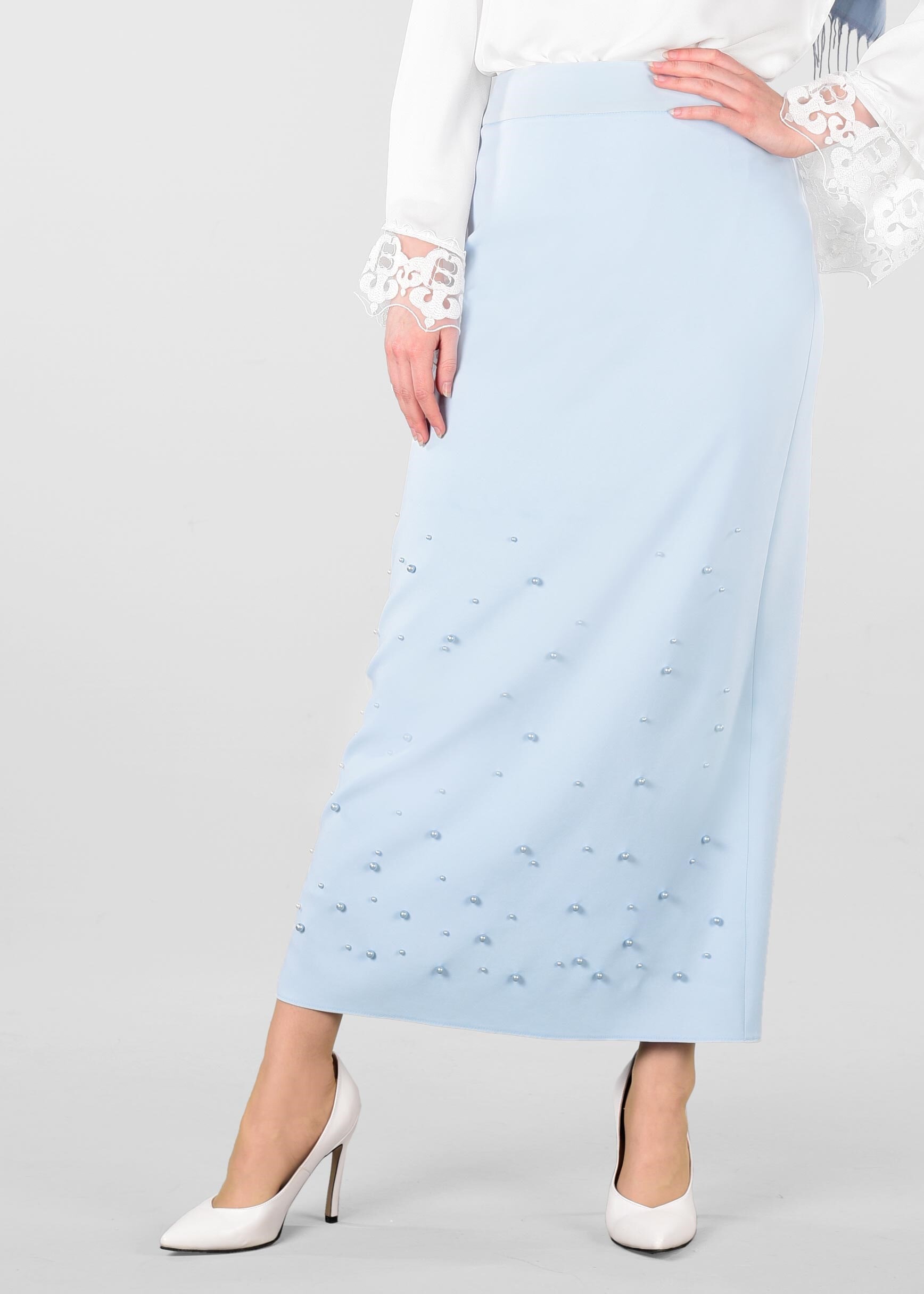 Tesettür giyim MAVİ İNCİLİ GİZLİ YIRTMAÇLI ETEK 6178