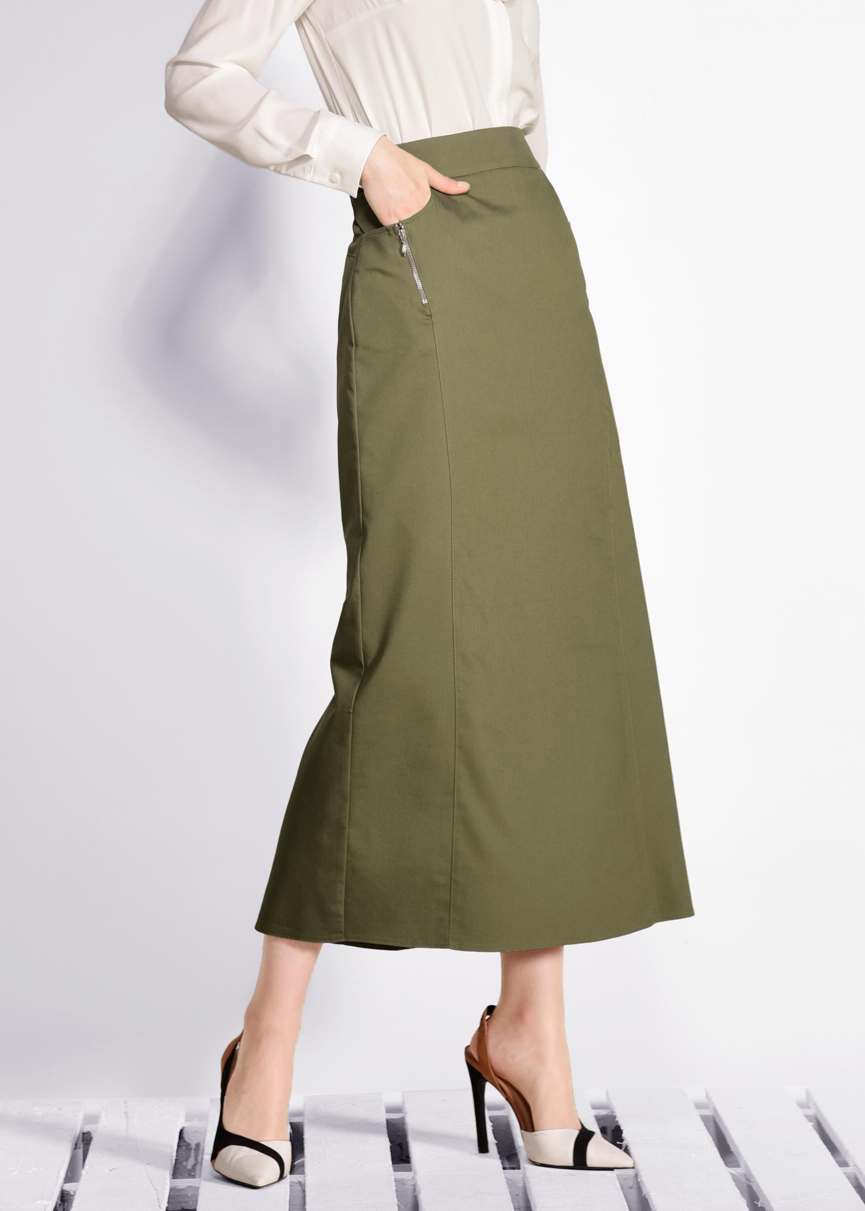 Tesettür giyim HAKİ FERMUAR DETAYLI ETEK 6179