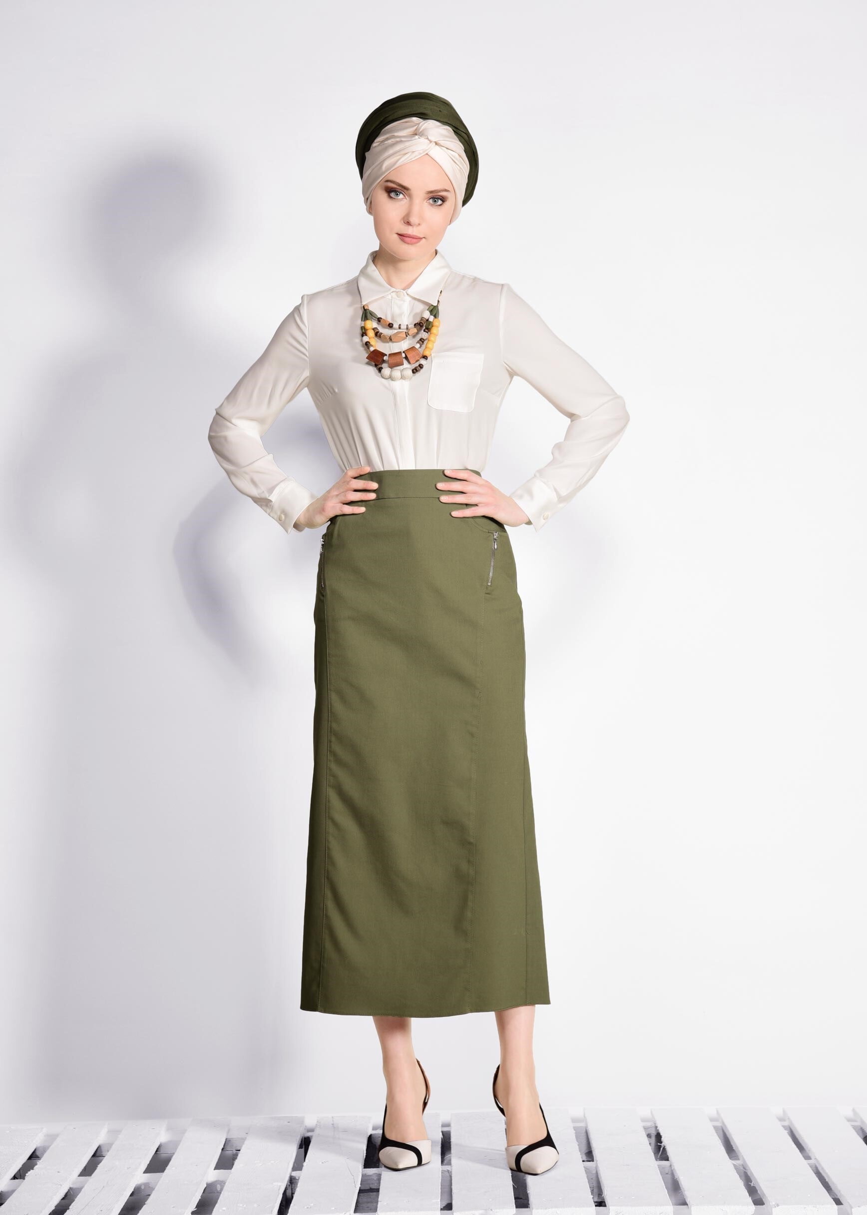 Tesettür giyim HAKİ FERMUAR DETAYLI ETEK 6179