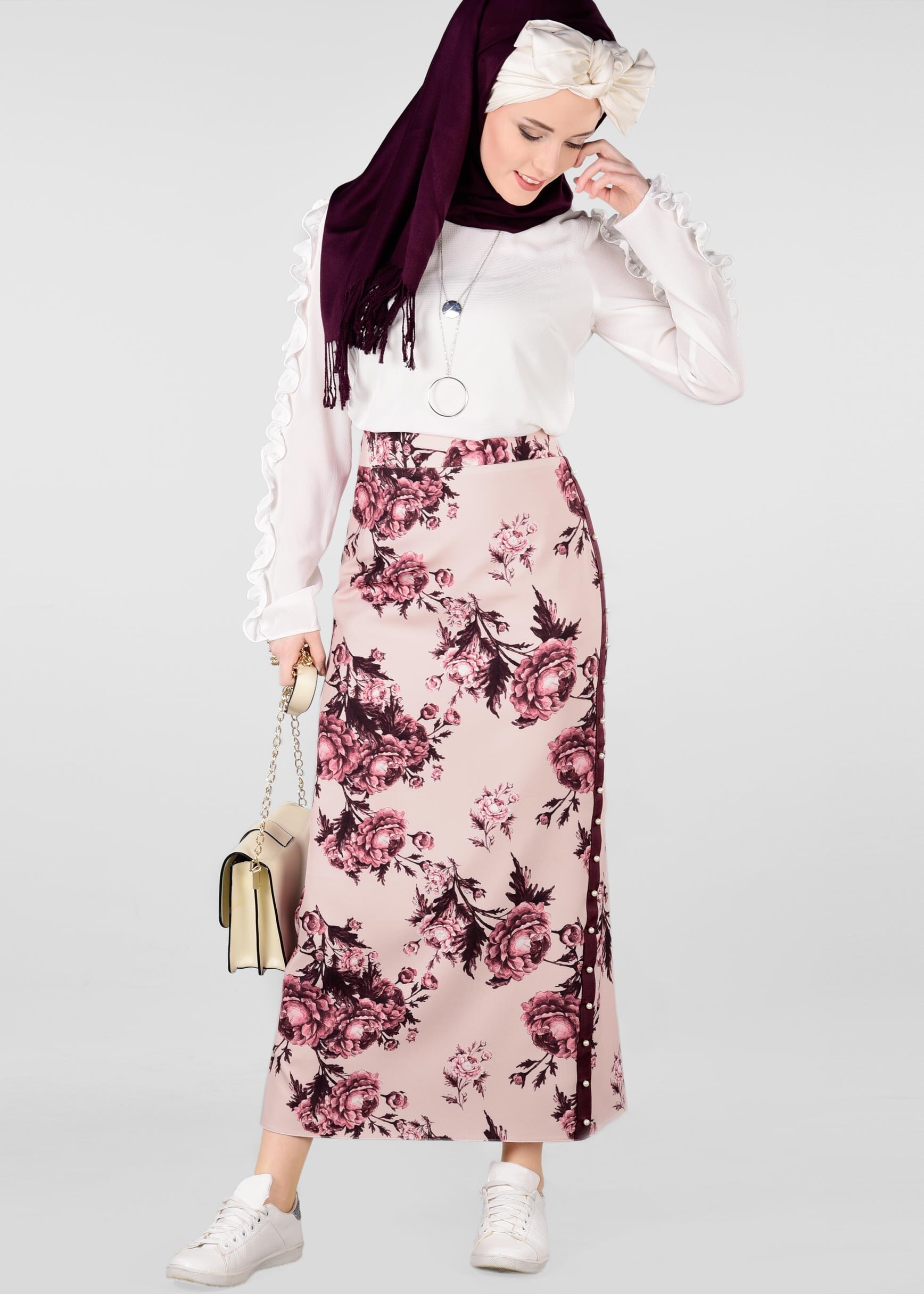 Tesettür giyim PUDRA ÇİÇEK DESENLİ İNCİLİ ETEK 6180