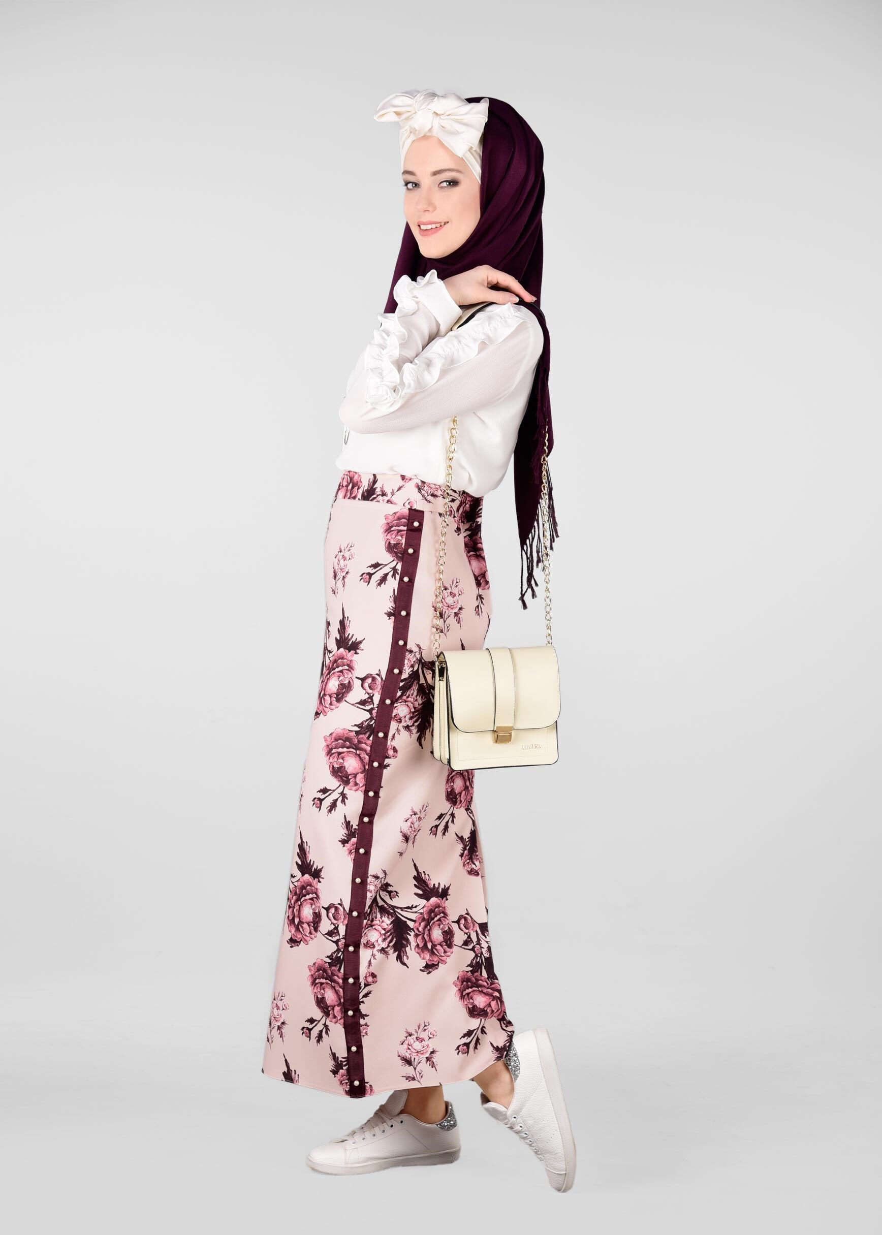 Tesettür giyim PUDRA ÇİÇEK DESENLİ İNCİLİ ETEK 6180