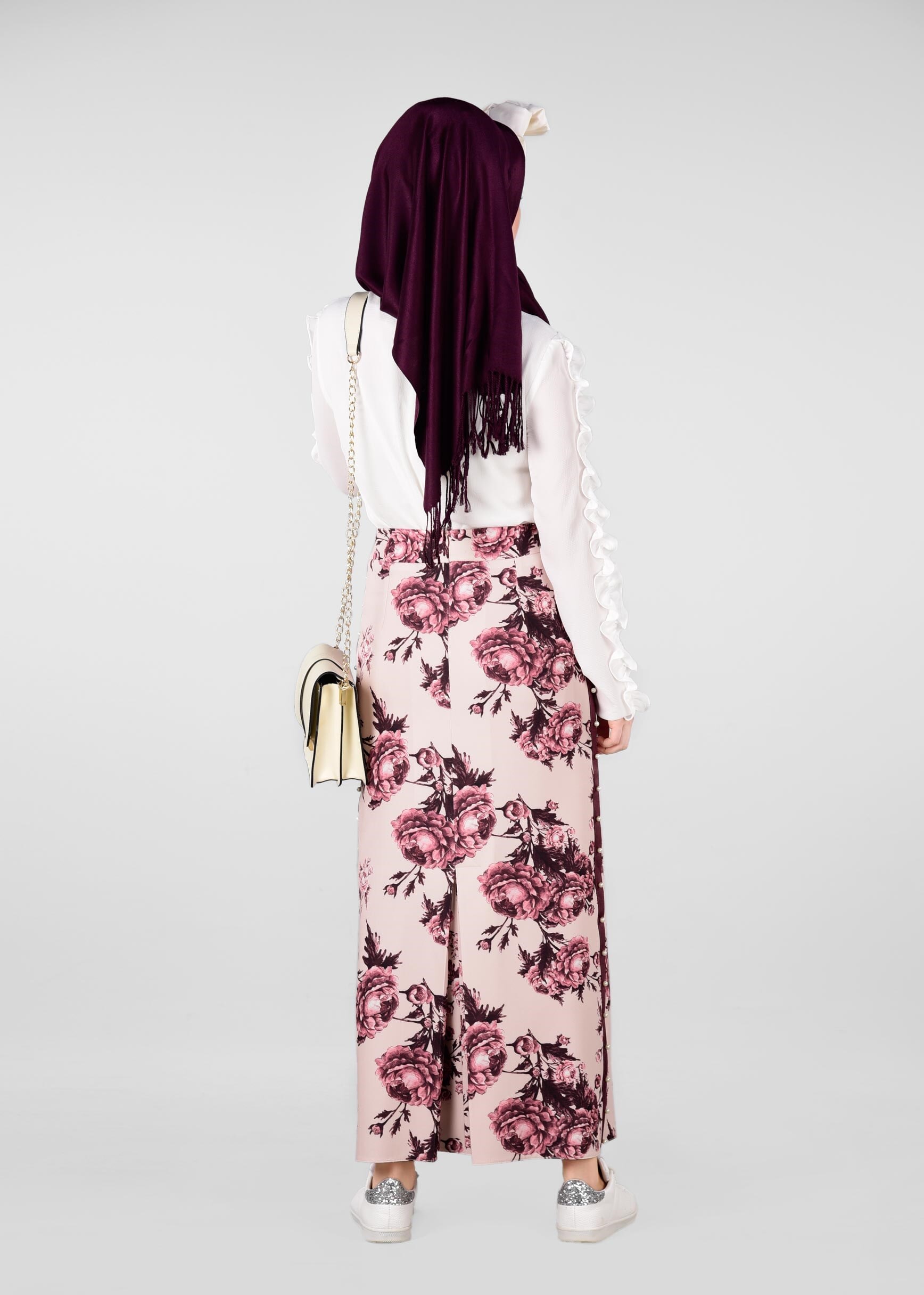 Tesettür giyim PUDRA ÇİÇEK DESENLİ İNCİLİ ETEK 6180