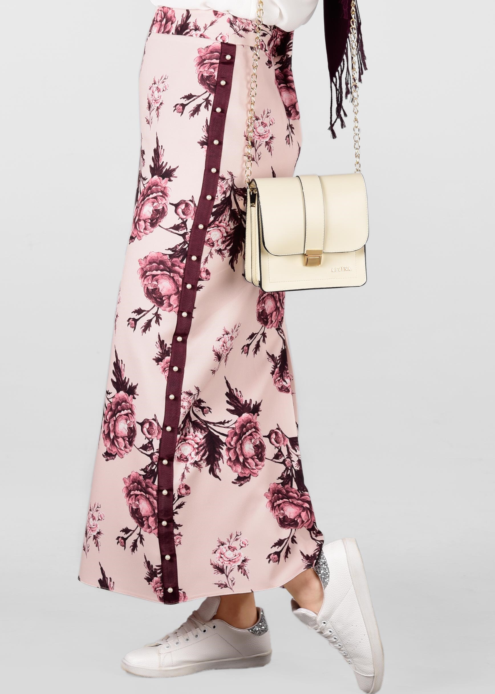 Tesettür giyim PUDRA ÇİÇEK DESENLİ İNCİLİ ETEK 6180