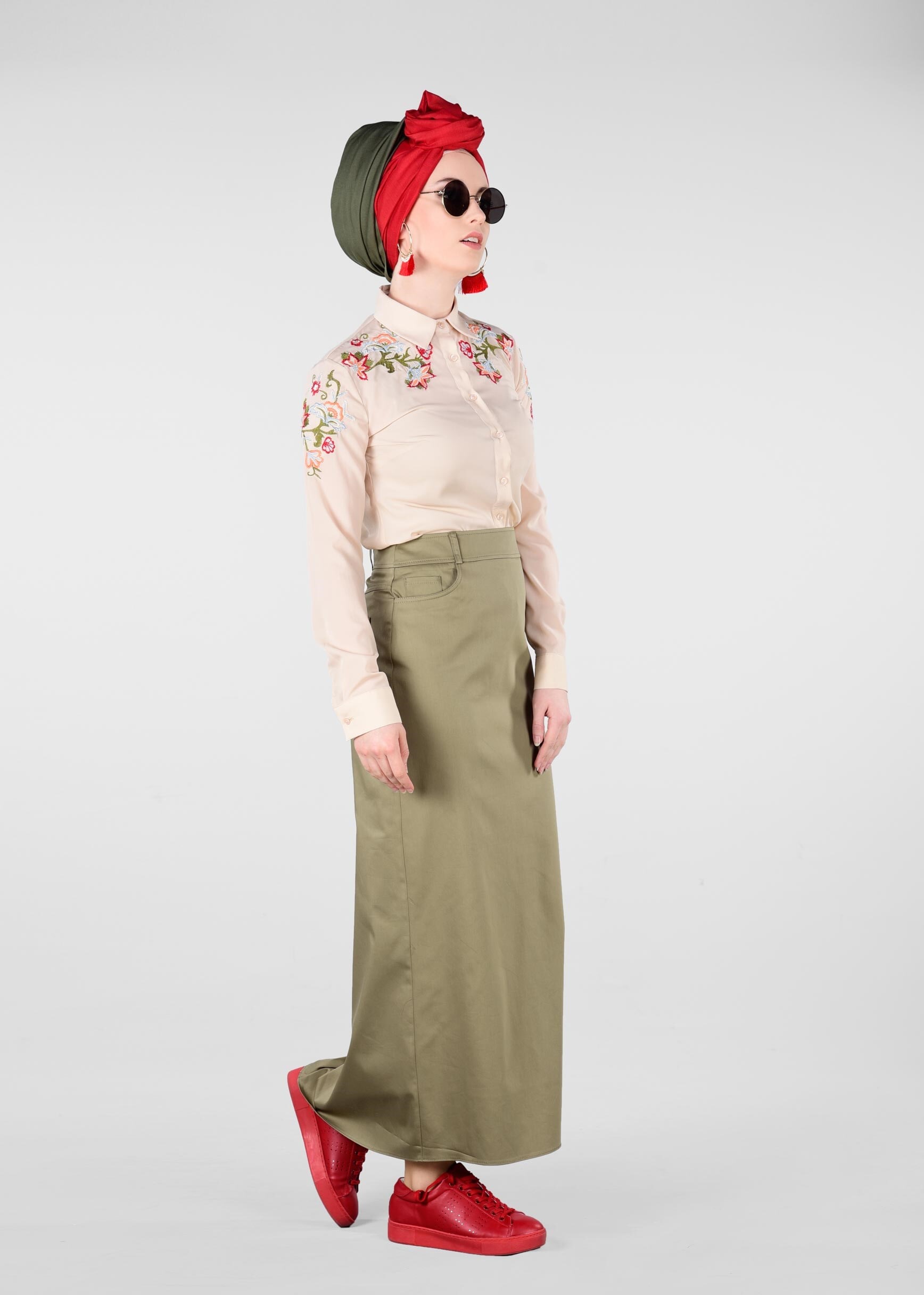 Tesettür giyim HAKİ GİZLİ YIRTMAÇLI DÜZ ETEK 6181