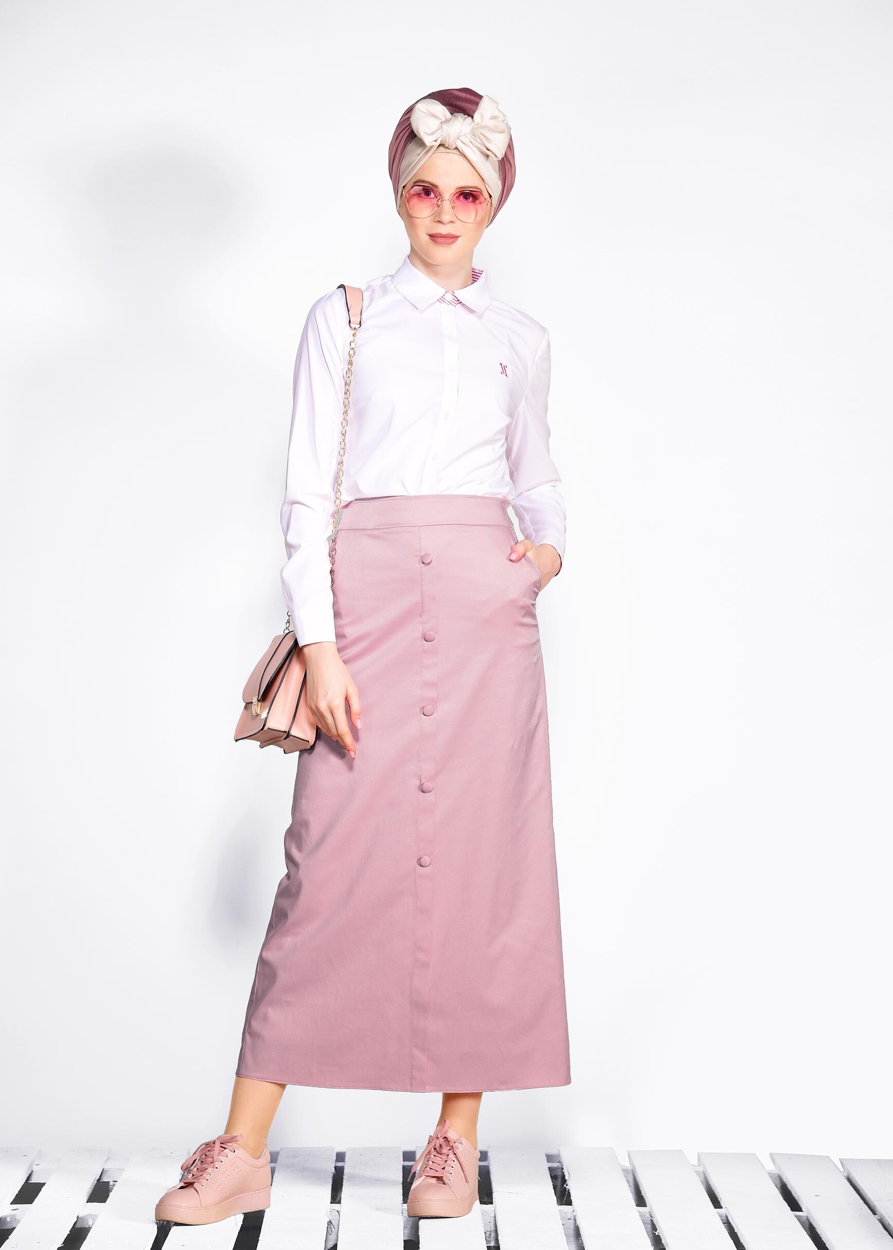 Tesettür giyim PUDRA DÜĞME DETAYLI ETEK 6182