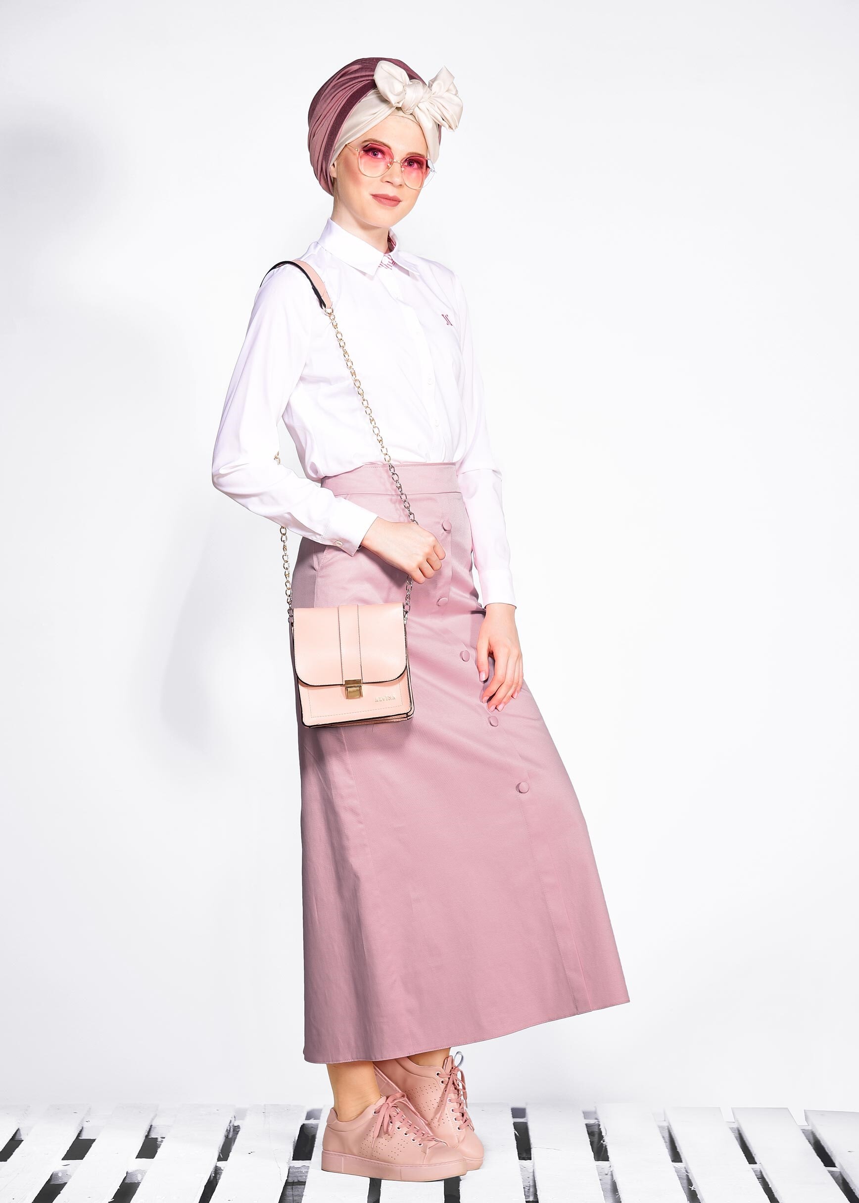 Tesettür giyim PUDRA DÜĞME DETAYLI ETEK 6182