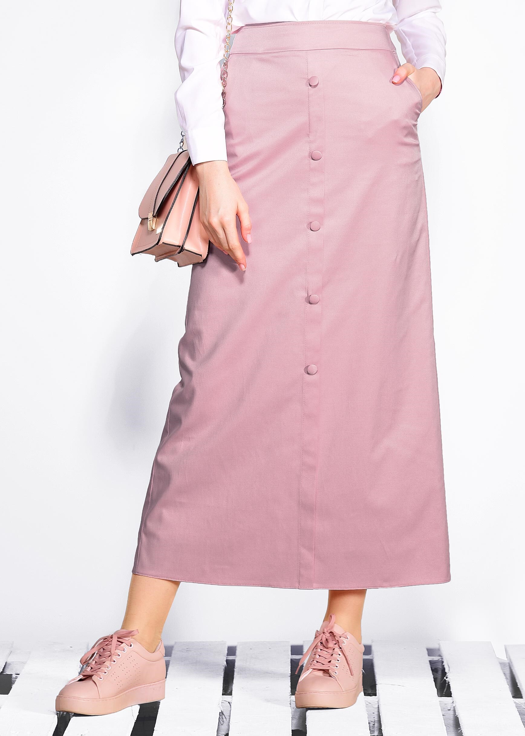 Tesettür giyim PUDRA DÜĞME DETAYLI ETEK 6182