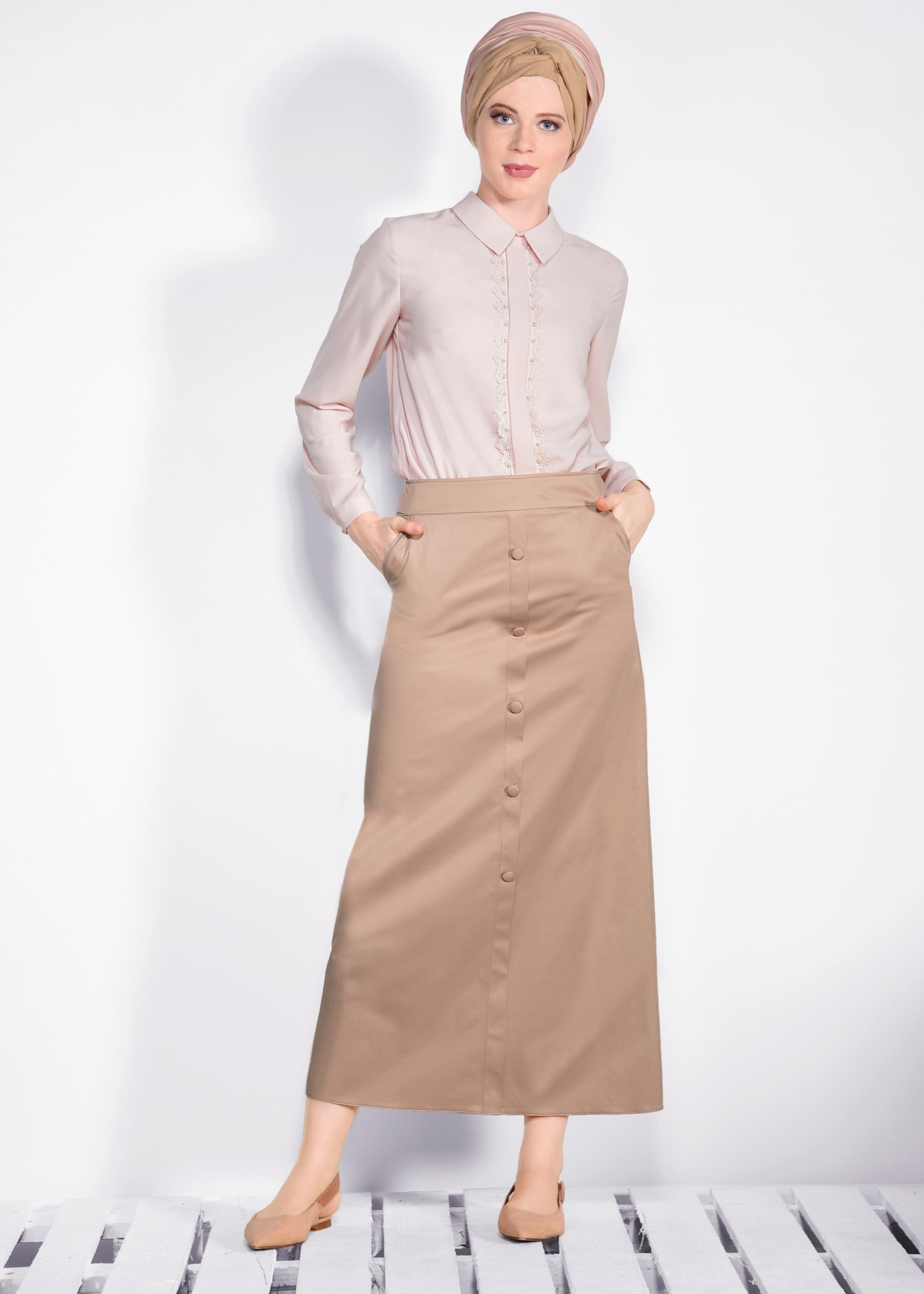 Tesettür giyim KAHVE DÜĞME DETAYLI ETEK 6182