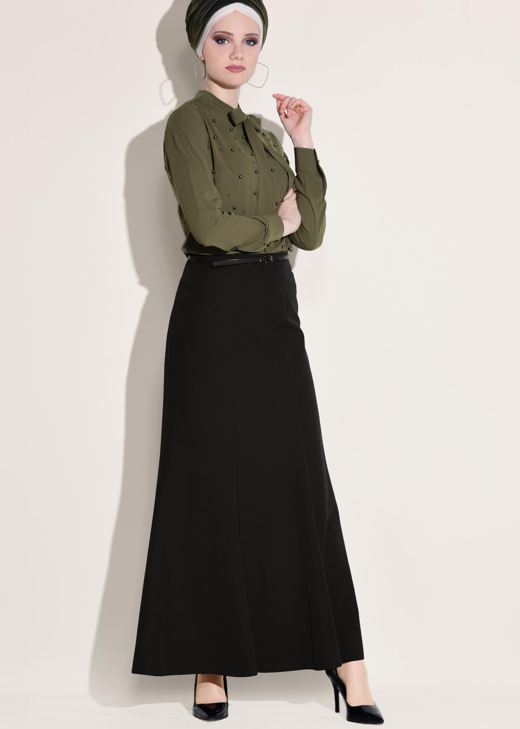 Tesettür giyim SİYAH KEMER DETAYLI ETEK 6186