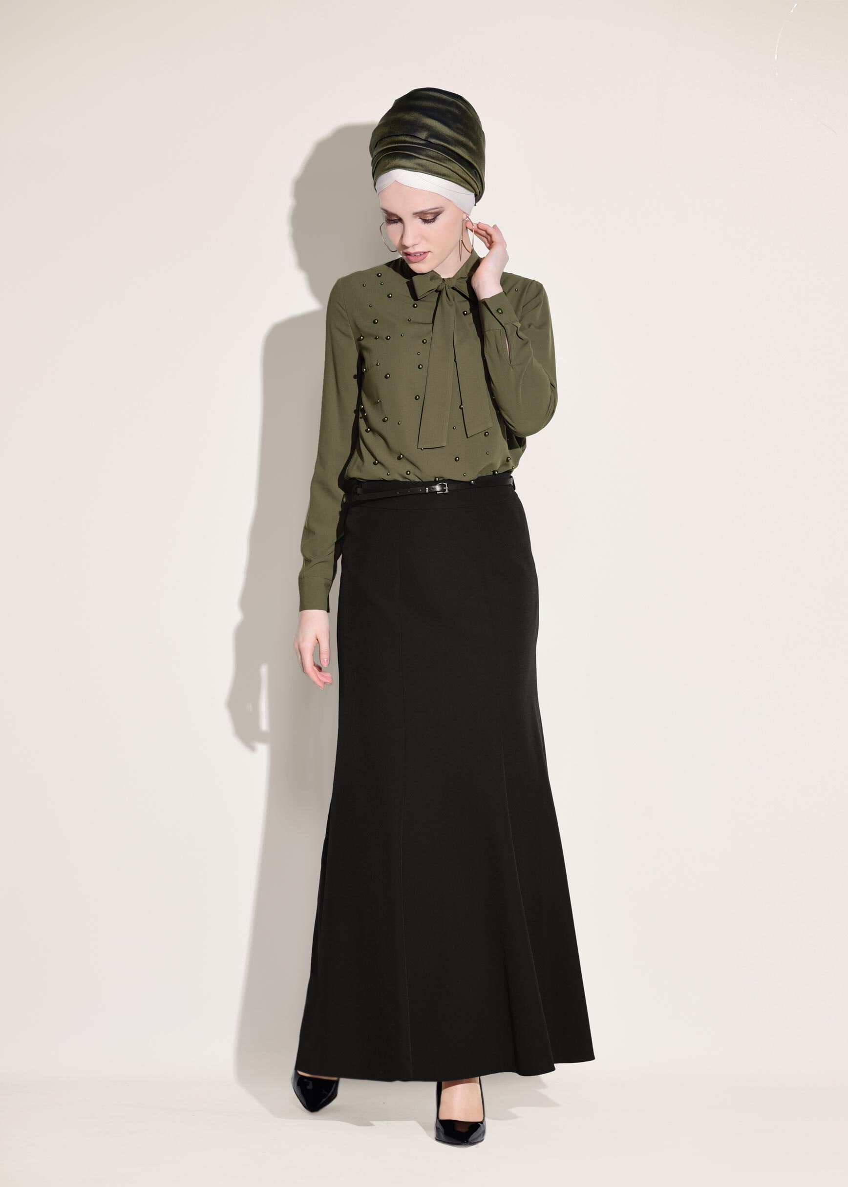 Tesettür giyim SİYAH KEMER DETAYLI ETEK 6186