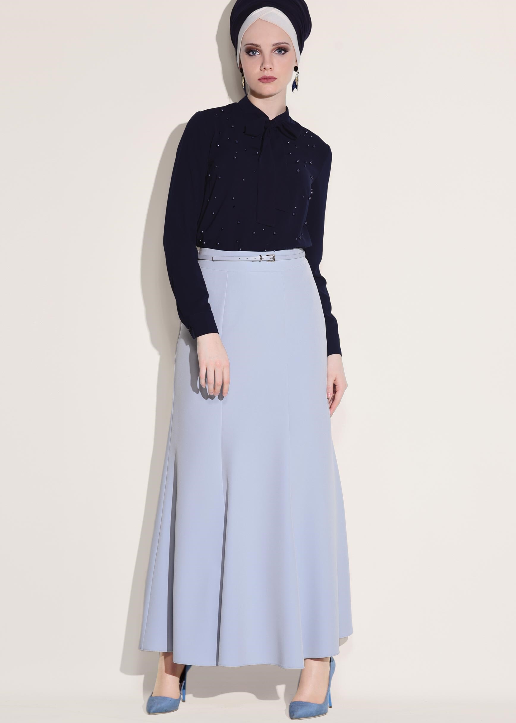Tesettür giyim MAVİ KEMER DETAYLI ETEK 6186