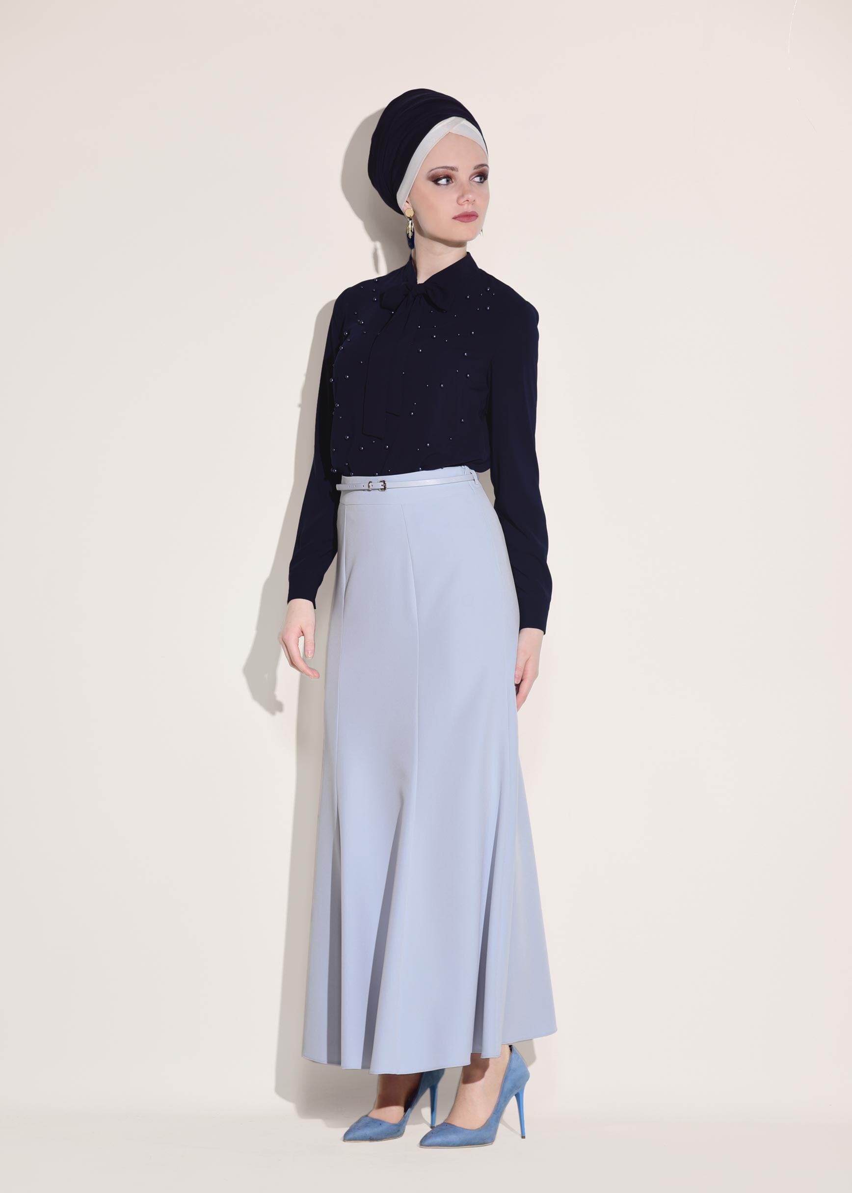 Tesettür giyim MAVİ KEMER DETAYLI ETEK 6186
