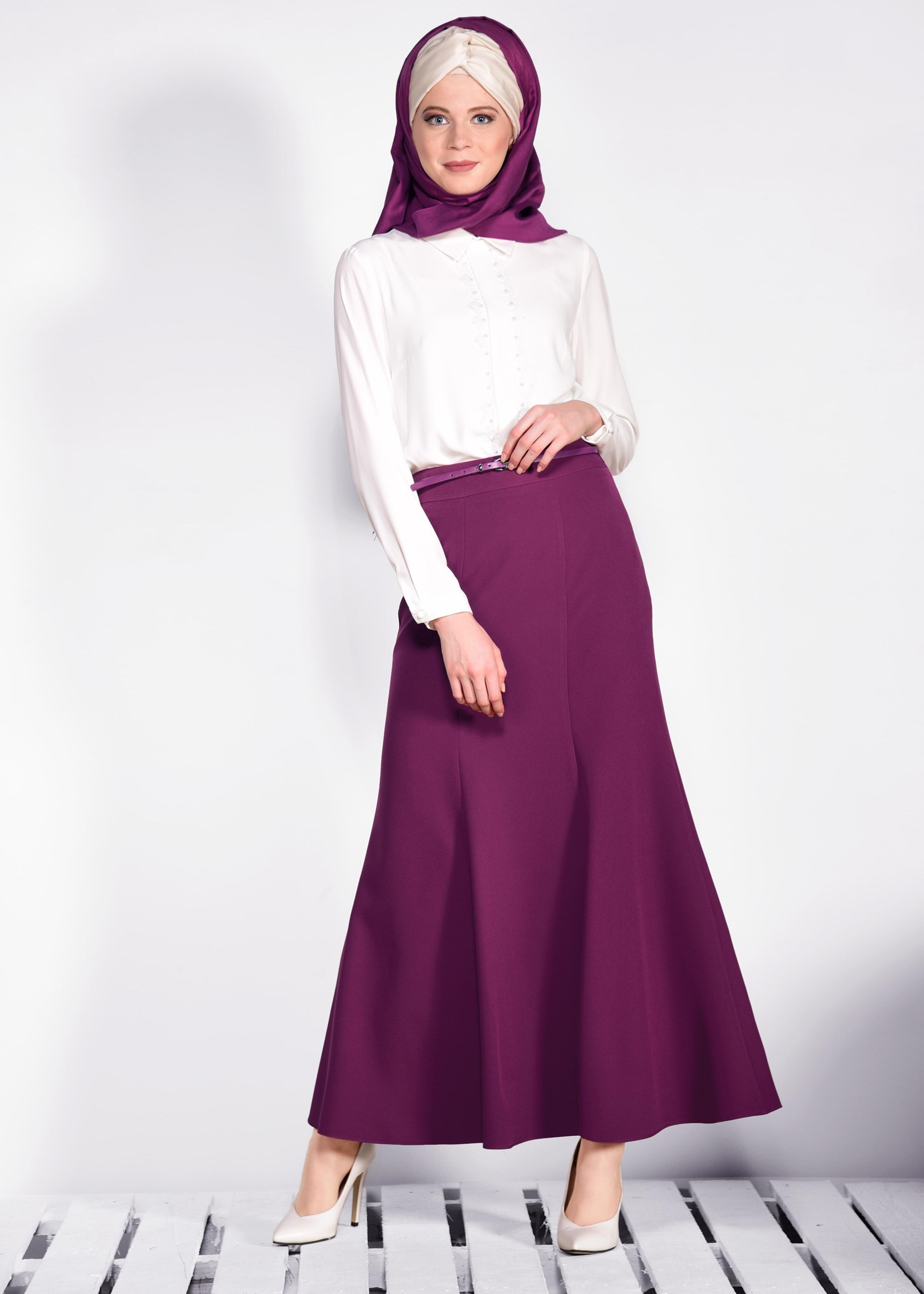 Tesettür giyim FUŞYA KEMER DETAYLI ETEK 6186