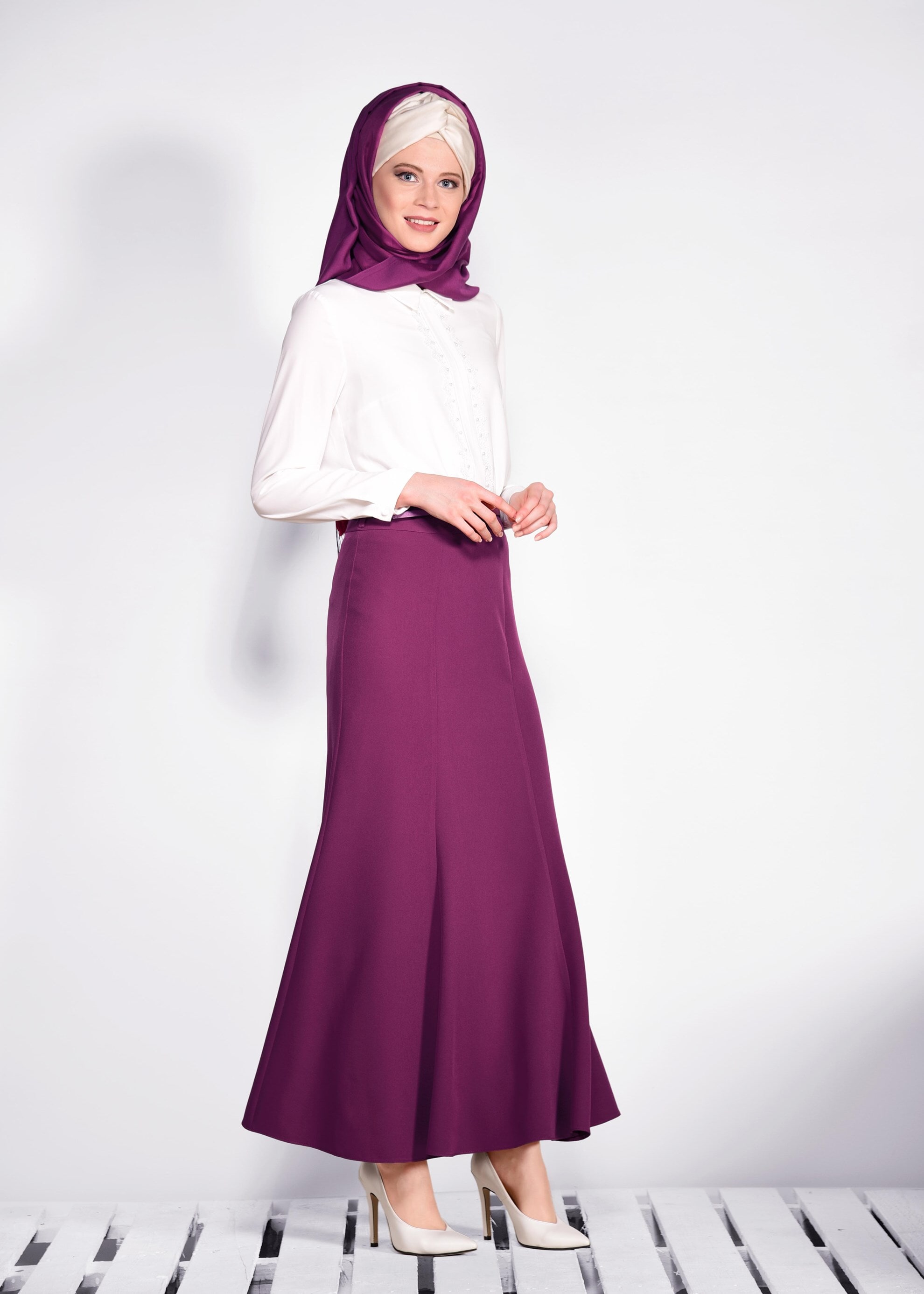 Tesettür giyim FUŞYA KEMER DETAYLI ETEK 6186